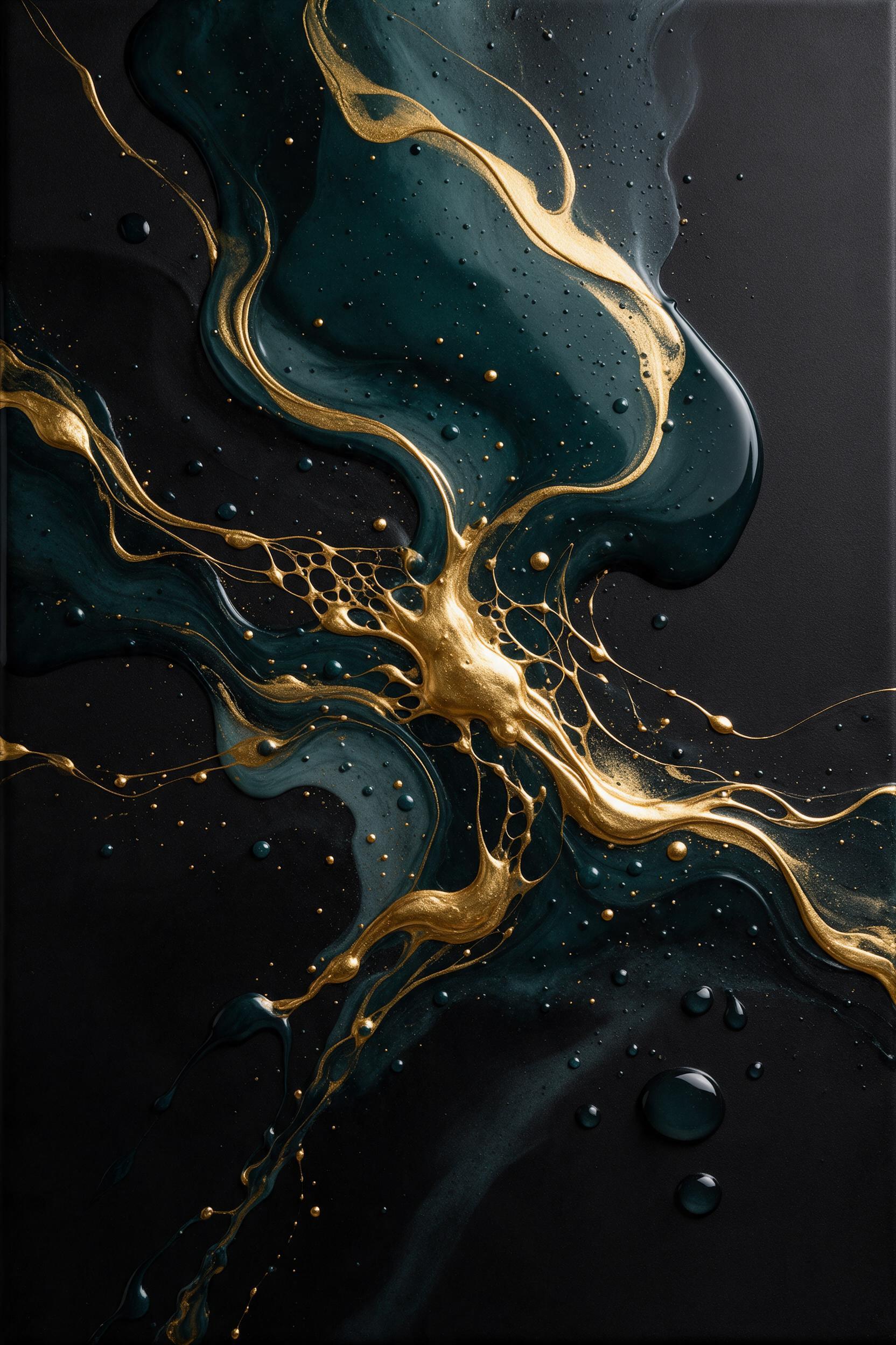 Fluid resin art in deep teal and molten gold, swirling organic shapes with subtle droplet textures, soft directional studio light creating gentle highlights and long shadows, minimalist composition on matte black canvas, no text or frames