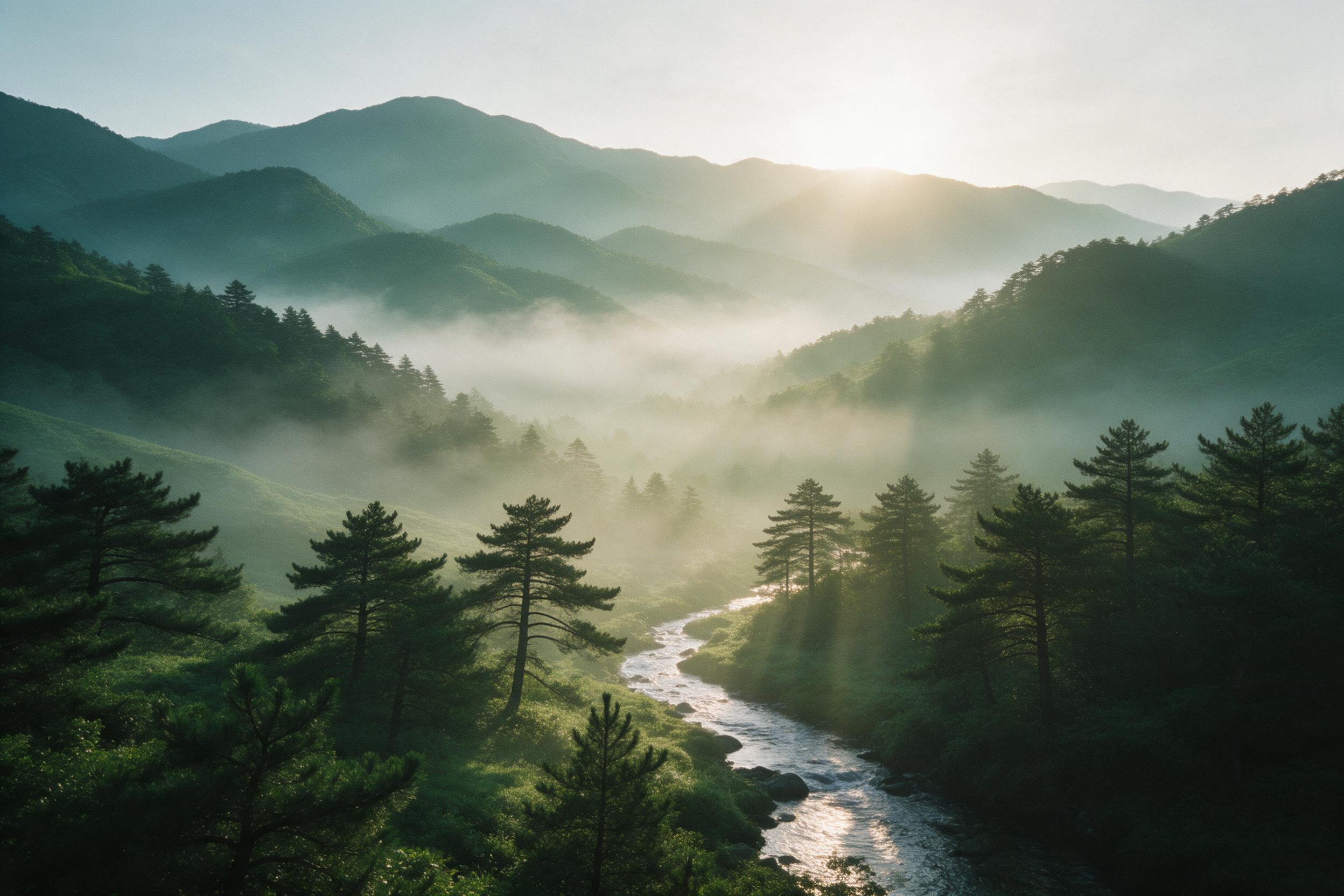 A misty emerald mountain valley at dawn, layered ridges fading into soft fog, a silver stream winding through pine trees, golden sunlight breaking over the peaks, creating long shadows and a warm glow, gentle breeze stirring the mist, shot on medium format film with subtle grain, wide-angle composit
