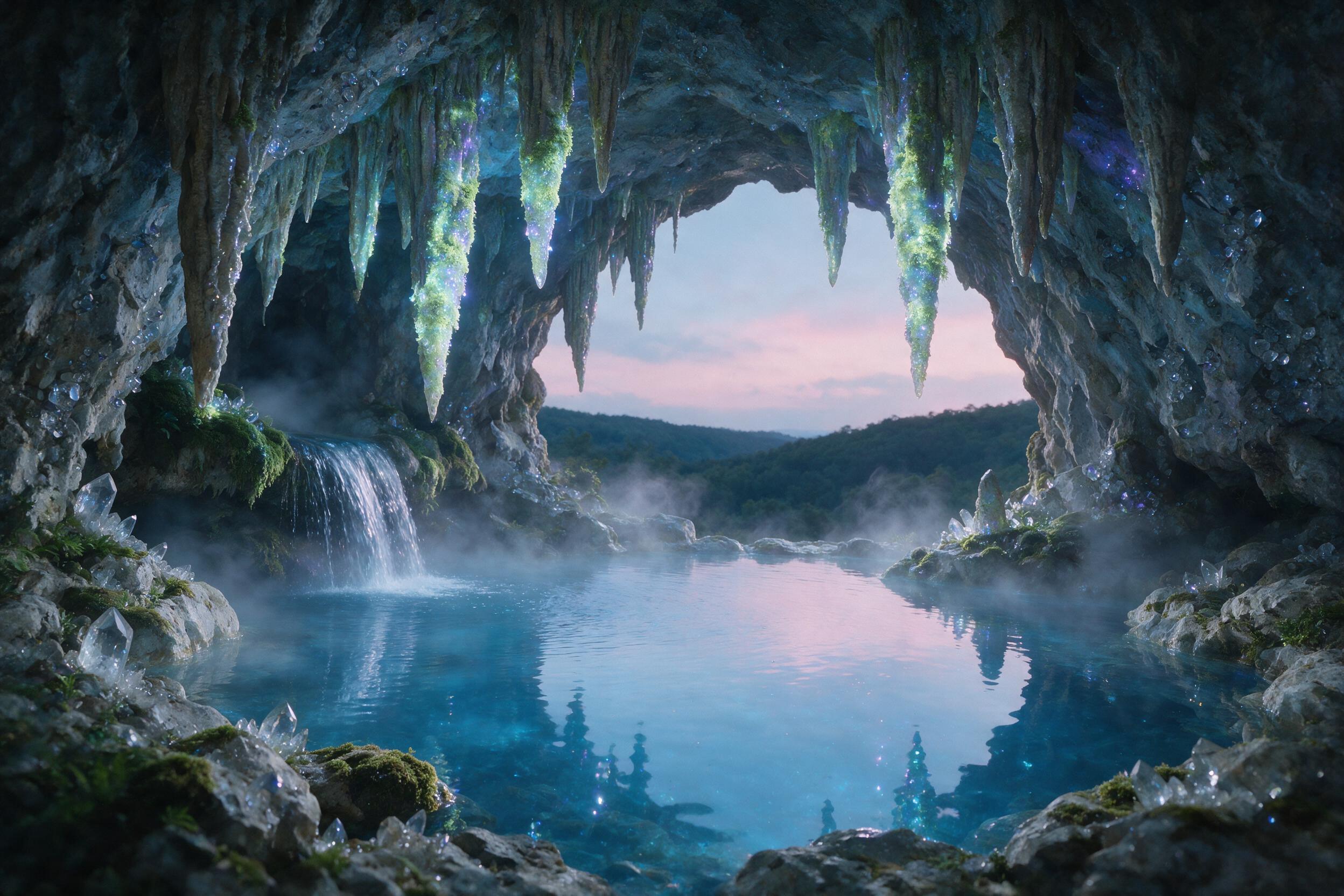 A luminous crystal cave at twilight, glowing moss on stalactites, soft blue and purple bioluminescence, a small waterfall cascading into a still pool, mist rising, ethereal atmosphere, natural lighting, slight grain, minimalist composition
