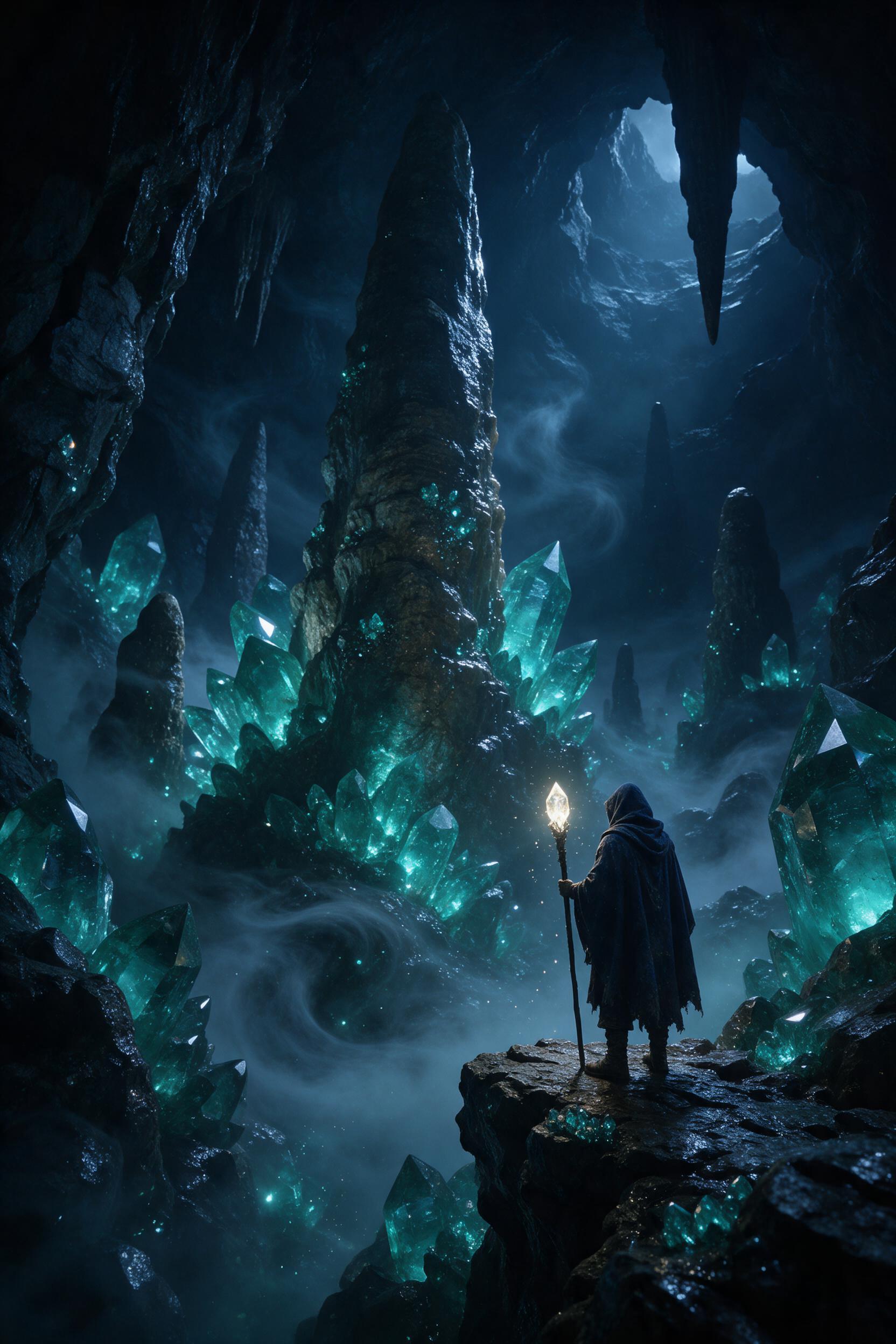 A hidden crystal cavern beneath a stormy mountain, glowing teal crystals casting pulsing light on wet stone walls. A swirling mist snakes between stalagmites, catching shimmering particles. A lone hooded figure stands on a ledge, staff glowing. Deep blues and emerald hues, dramatic chiaroscuro, slig
