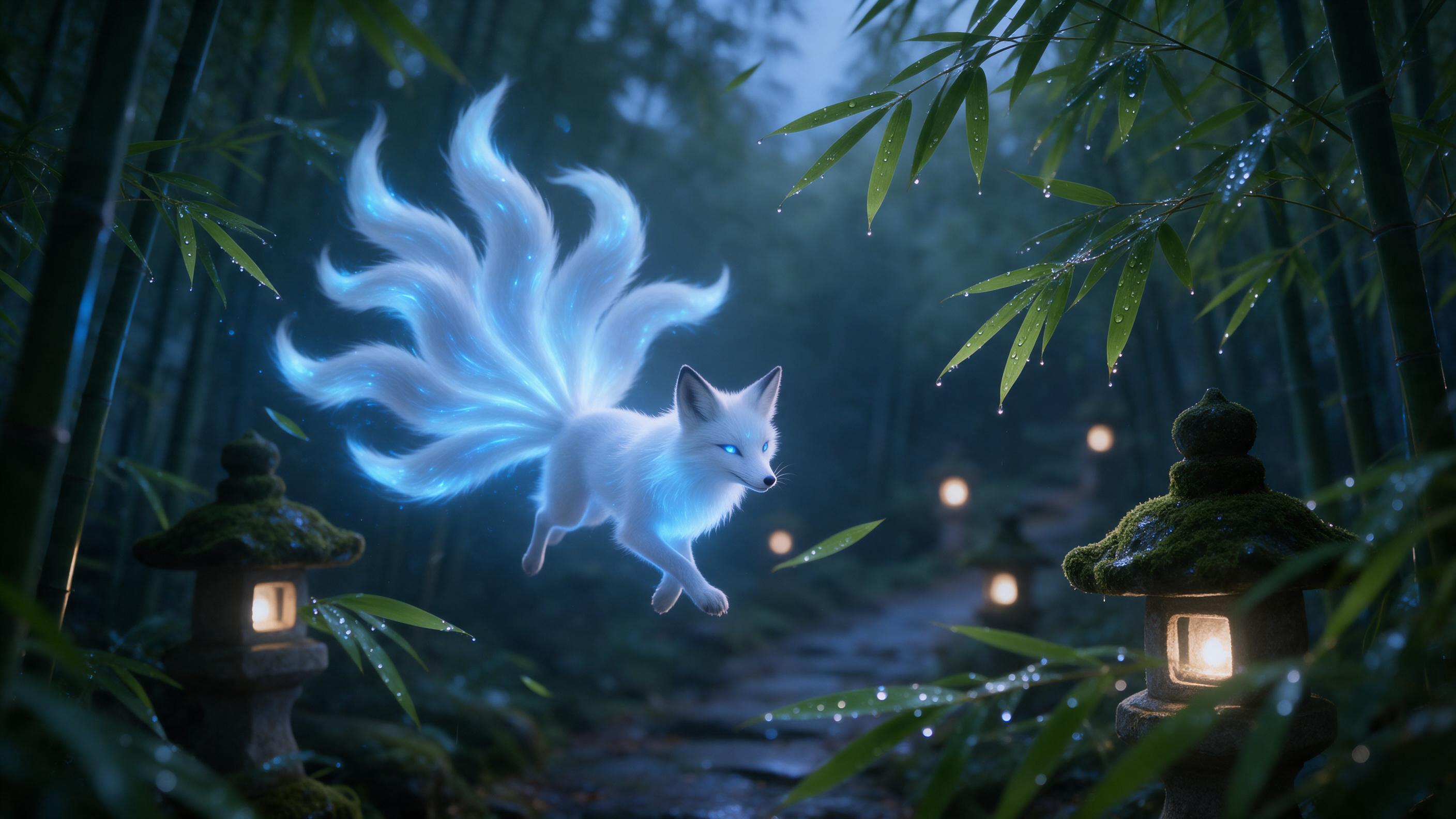 A luminous spirit fox with nine flowing tails glides through a misty bamboo forest at twilight, each tail emitting soft blue bioluminescent light. Moss-covered stone lanterns line the winding path, glowing gently. Raindrops sparkle on leaves, reflecting the fox's ethereal glow. Shallow depth of fiel