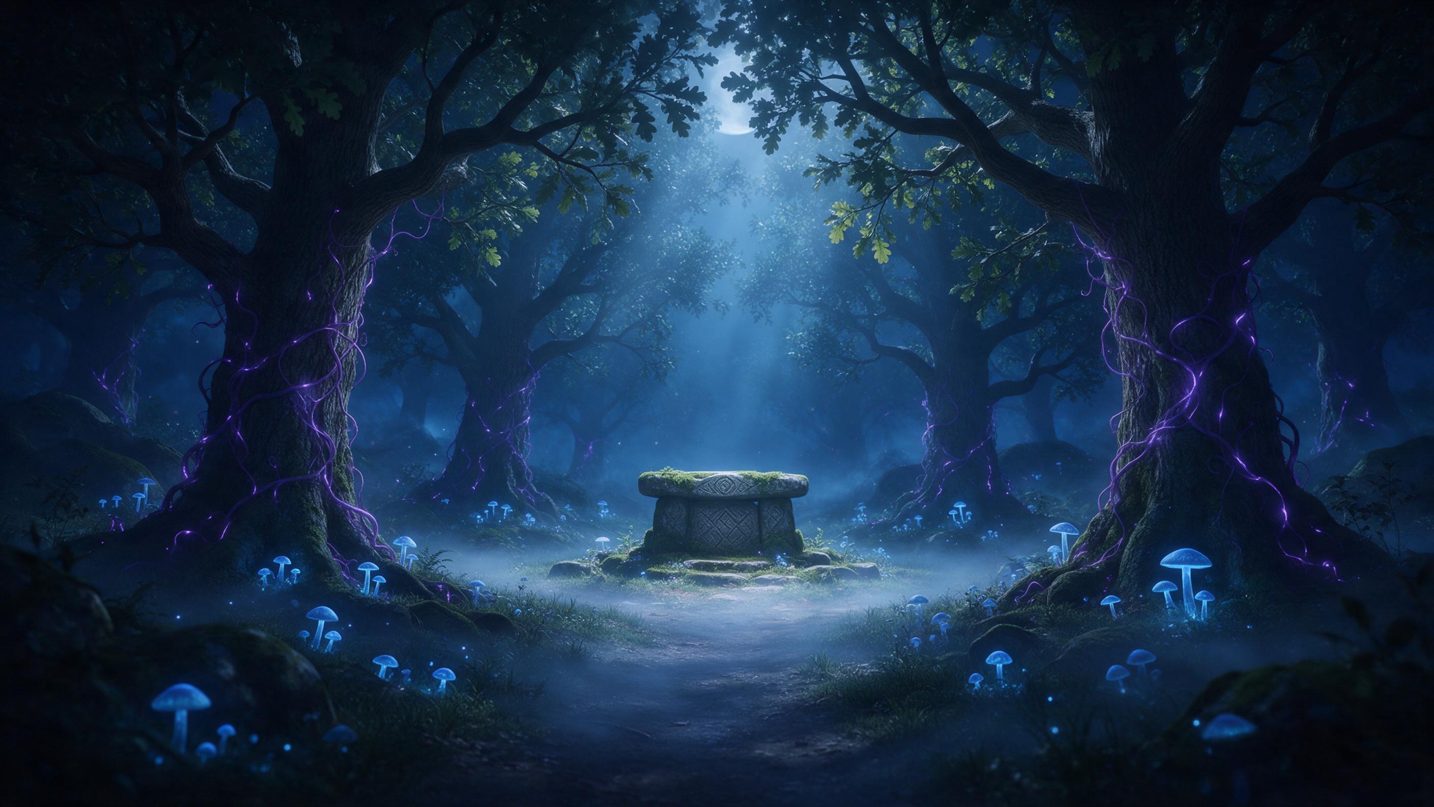 A moonlit enchanted forest clearing, bioluminescent blue mushrooms and glowing purple vines curling around ancient oak trees. A misty path leads to a stone altar covered in moss and runes. Soft ethereal light rays pierce the canopy.