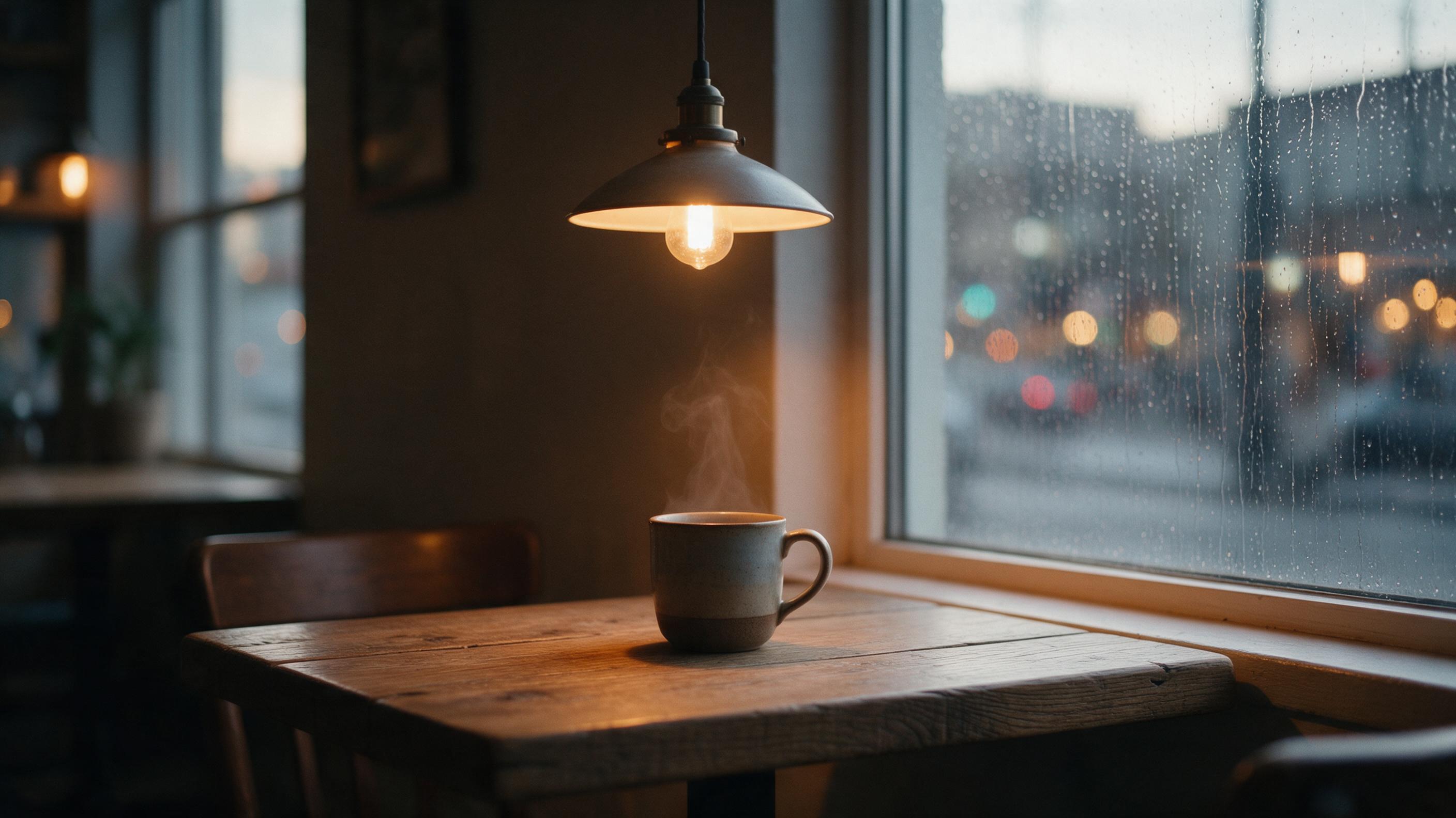 A quiet cafe corner at dawn, warm pendant light over a weathered oak table, steam rising from a ceramic mug, soft rain streaks on the window, blurred city lights outside, cozy atmosphere, shallow depth of field, natural window light mixing with tungsten glow, slight film grain