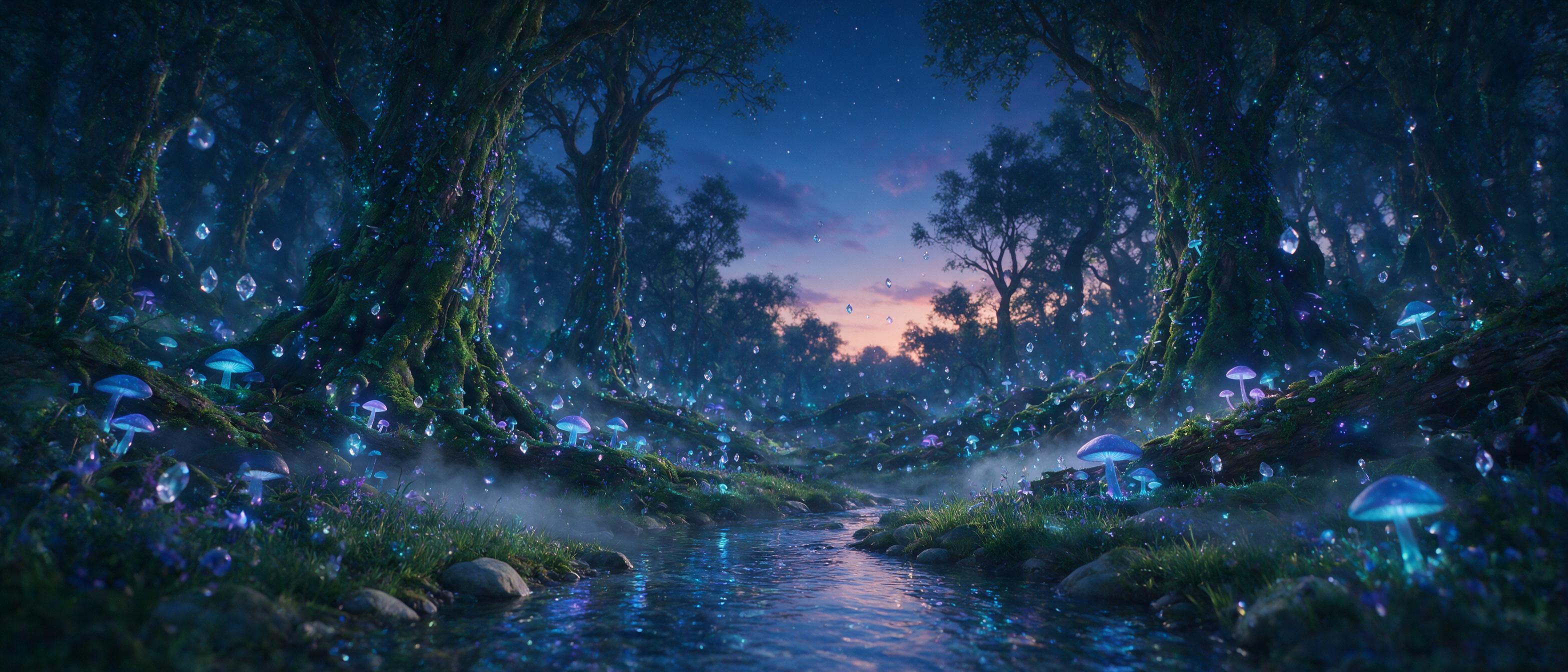 A luminous bioluminescent forest at twilight, glowing mushrooms and hovering firefly-like crystals casting soft blue and violet light, a winding stream reflects the starry sky, gentle mist rising, ethereal and serene, slight camera shake, cinematic composition