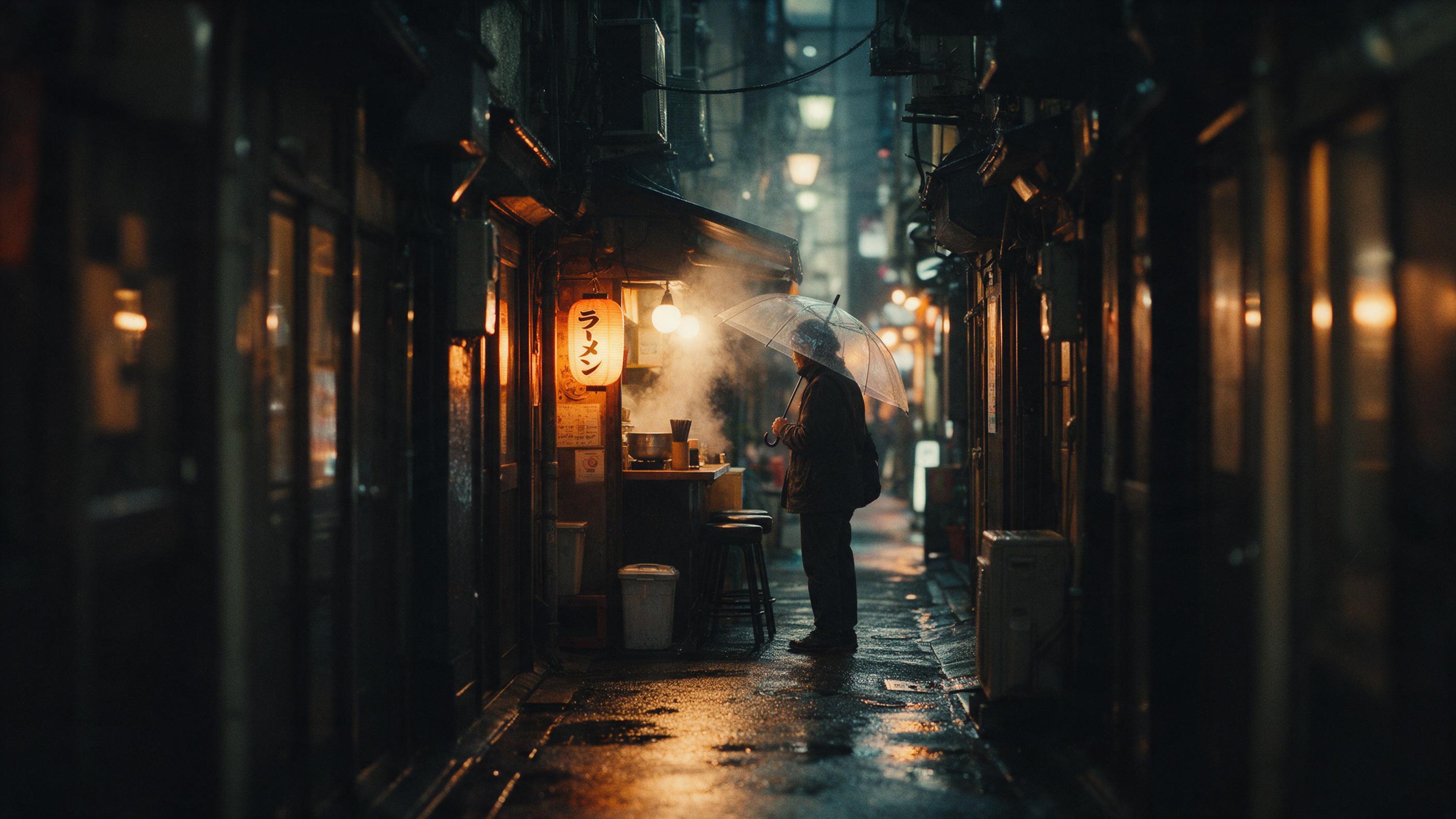 A cozy rainy evening in a narrow Tokyo alley, warm lantern light reflecting on wet pavement, steam rising from a tiny ramen shop, a lone customer with a transparent umbrella, shallow depth of field, soft bokeh, cinematic color grading with teal shadows and amber highlights, slight film grain