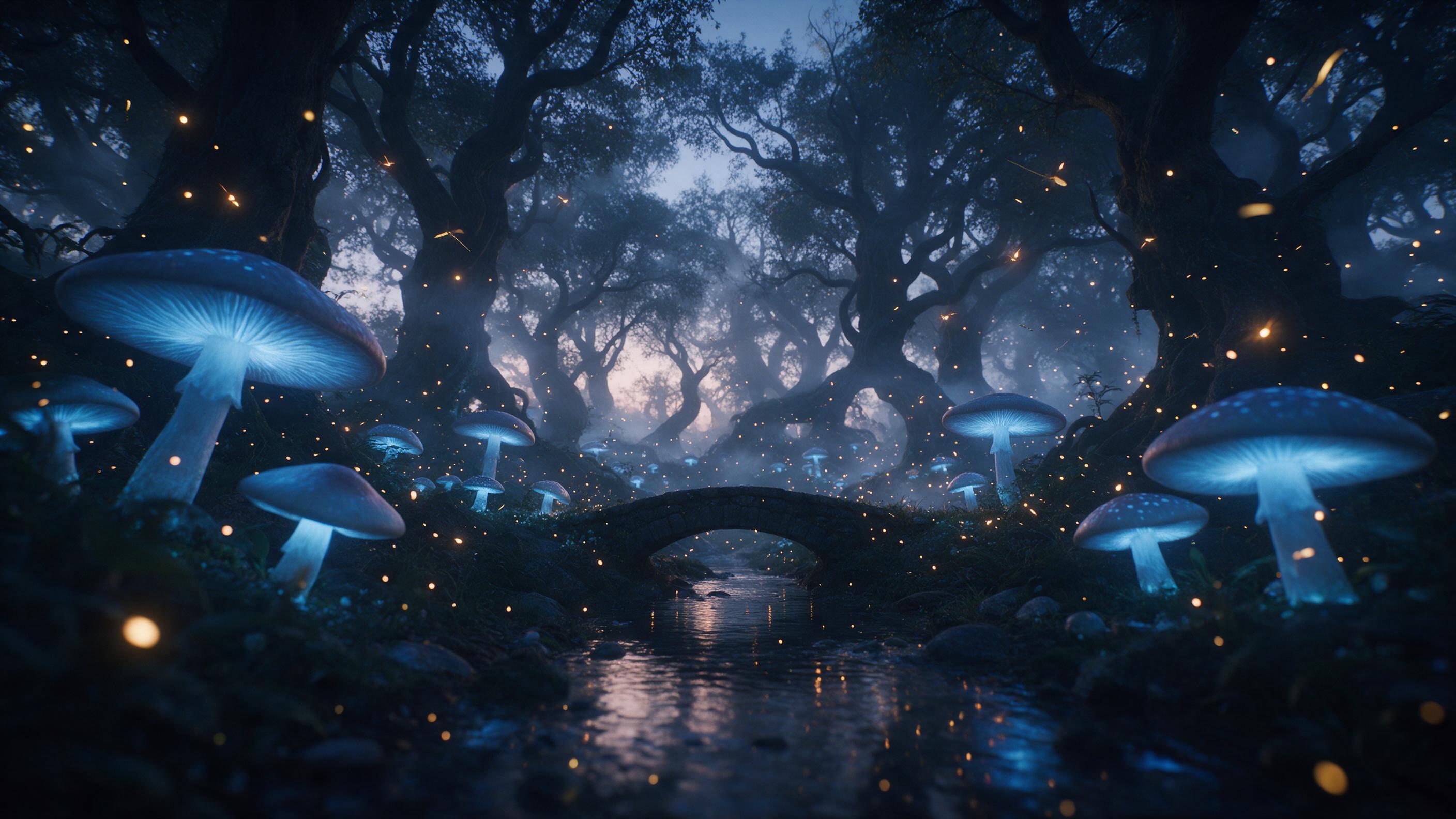 A glowing bioluminescent forest at twilight, giant mushrooms with soft blue light, mist weaving between ancient twisted trees, a small stone bridge over a reflective stream, fireflies swirling in the air, low-angle view, cool tones with warm amber accents, ethereal atmosphere, cinematic depth.