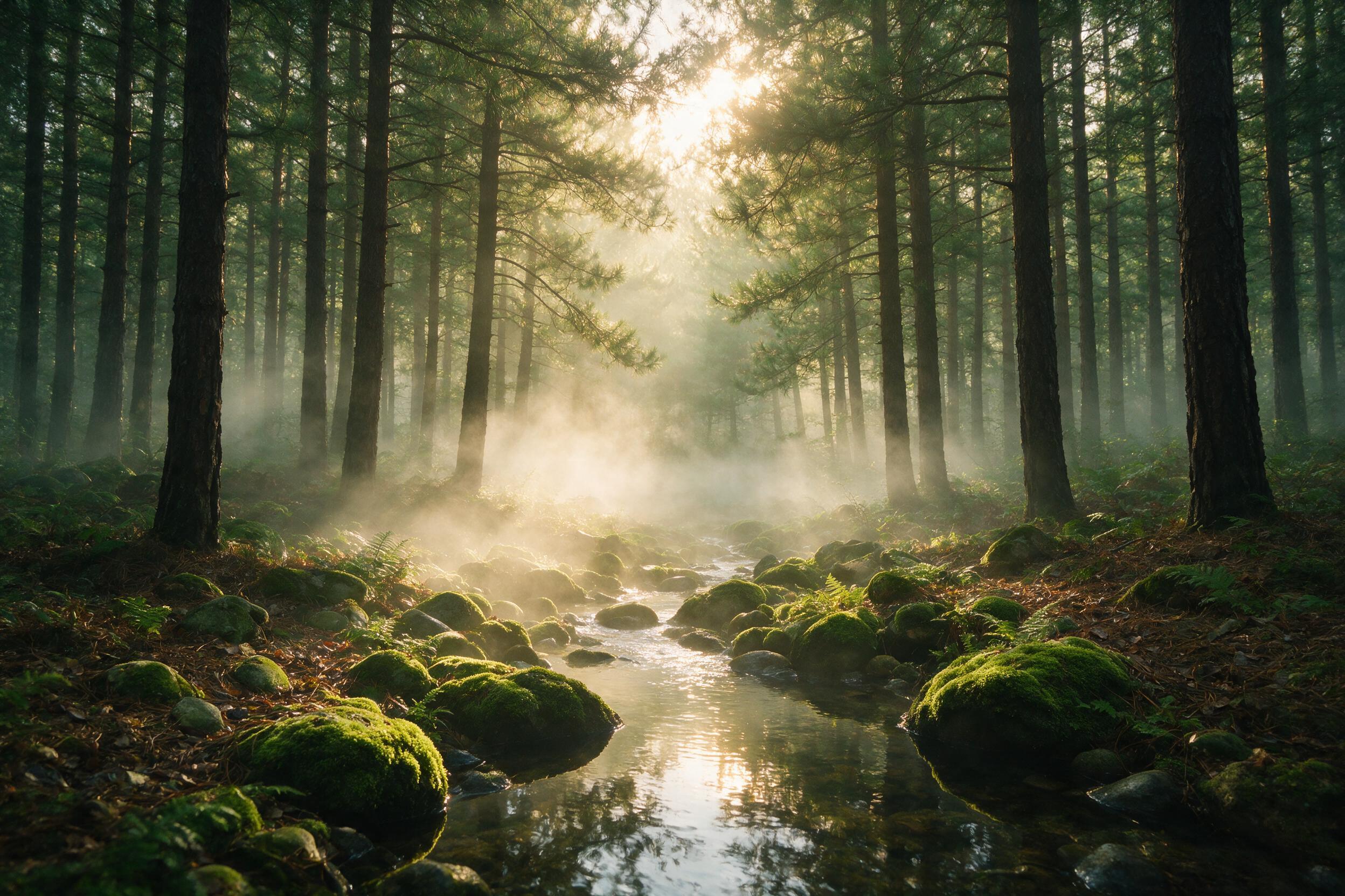 A misty morning in a dense pine forest, rays of golden sunlight piercing through the canopy, illuminating a small stream with mossy rocks, soft fog drifting, subtle green and amber tones, shallow depth of field, natural atmospheric haze.