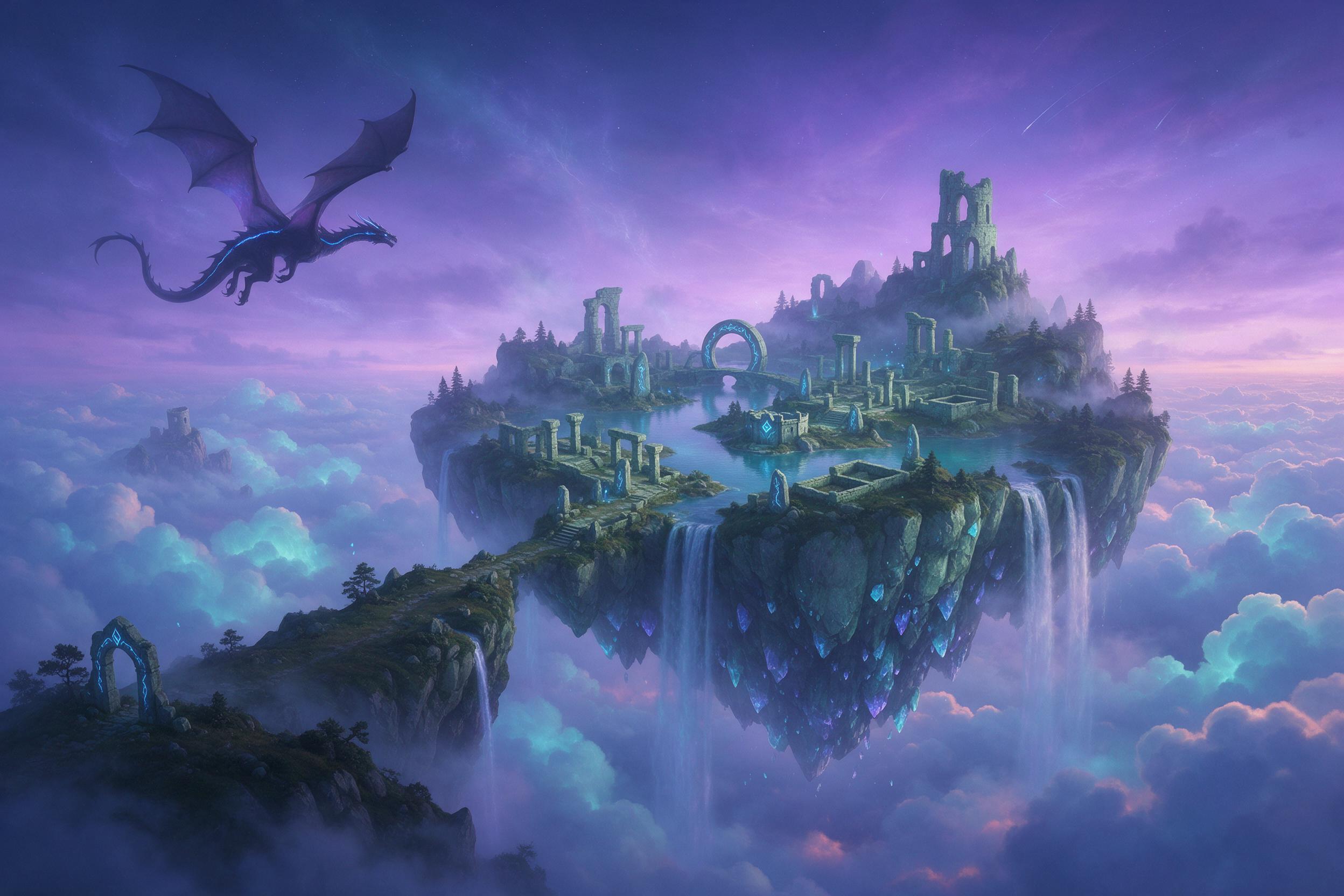 A floating crystal island at twilight, waterfalls cascading into a void of clouds, glowing blue runes on ancient stone ruins, silhouetted dragon circling above, soft purple and teal light, atmospheric mist, wide-angle composition, dreamlike, ethereal.