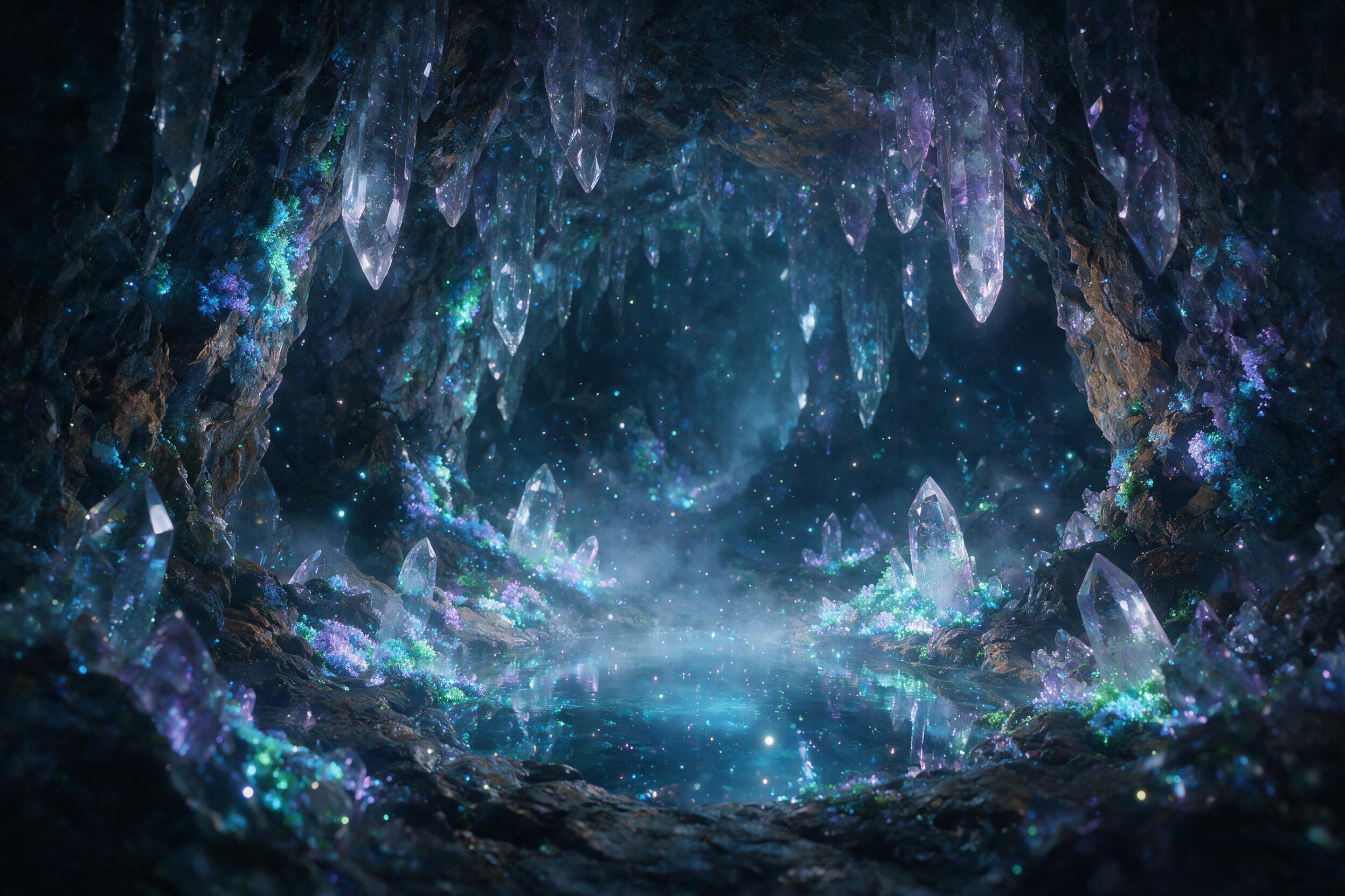 A luminous crystal cave deep underground, glowing bioluminescent moss on jagged walls, a small pool of clear water reflecting soft blue and purple light, floating glowing dust particles, gentle mist rising, shallow depth of field, natural cavern texture, moody atmosphere