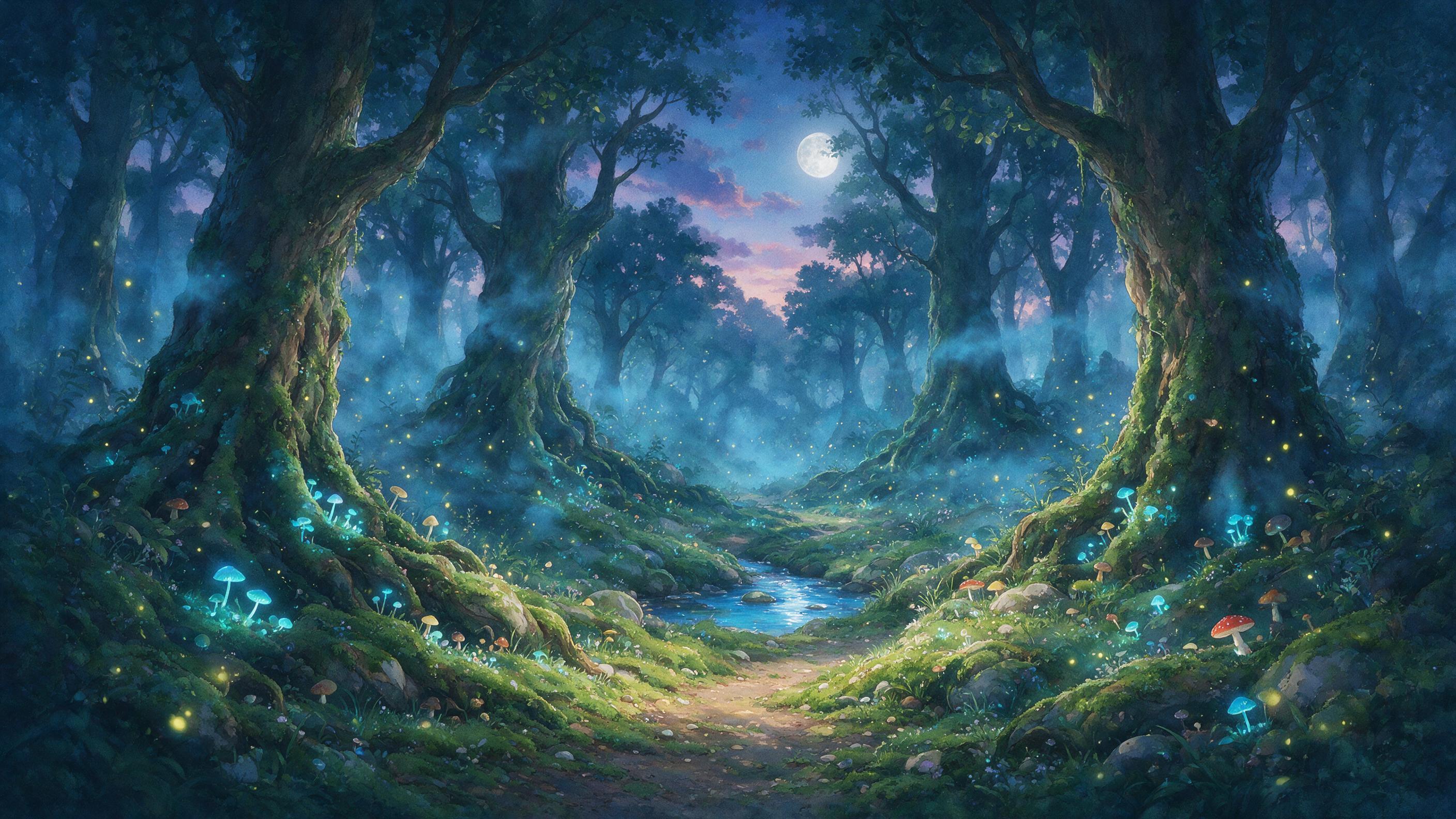 A luminous forest at twilight, glowing mushrooms and floating fireflies illuminate a winding path, ethereal blue mist weaves between ancient trees, soft moonlight filters through the canopy, watercolor textures with slight grain, atmospheric depth