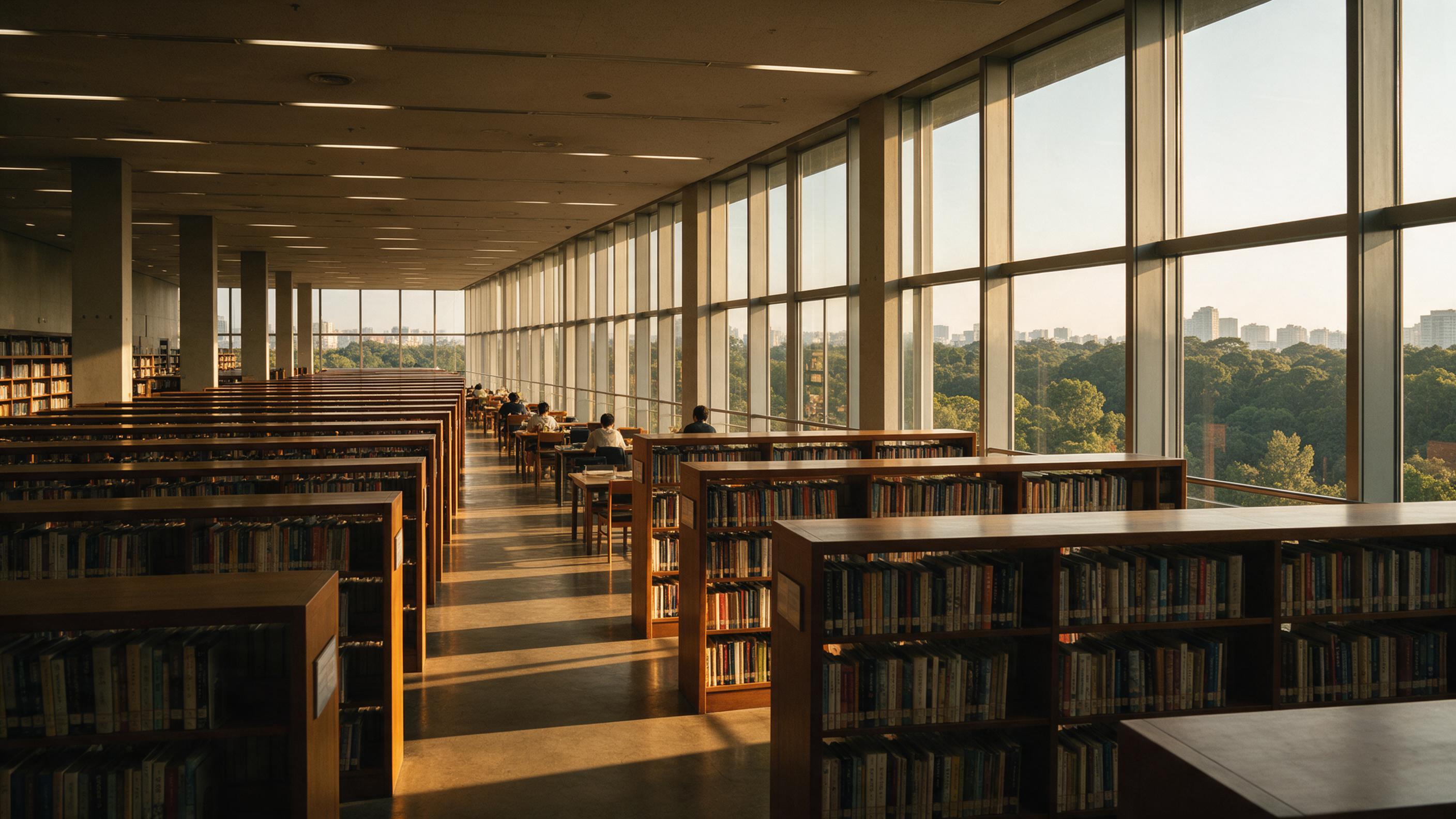 A minimalist modern library interior with a double-height glass wall overlooking a dense urban forest. Warm golden hour sunlight casts long diagonal shadows across the polished concrete floor. Rows of dark wooden bookshelves recede in a one-point perspective. A few readers sit at scattered desks, th
