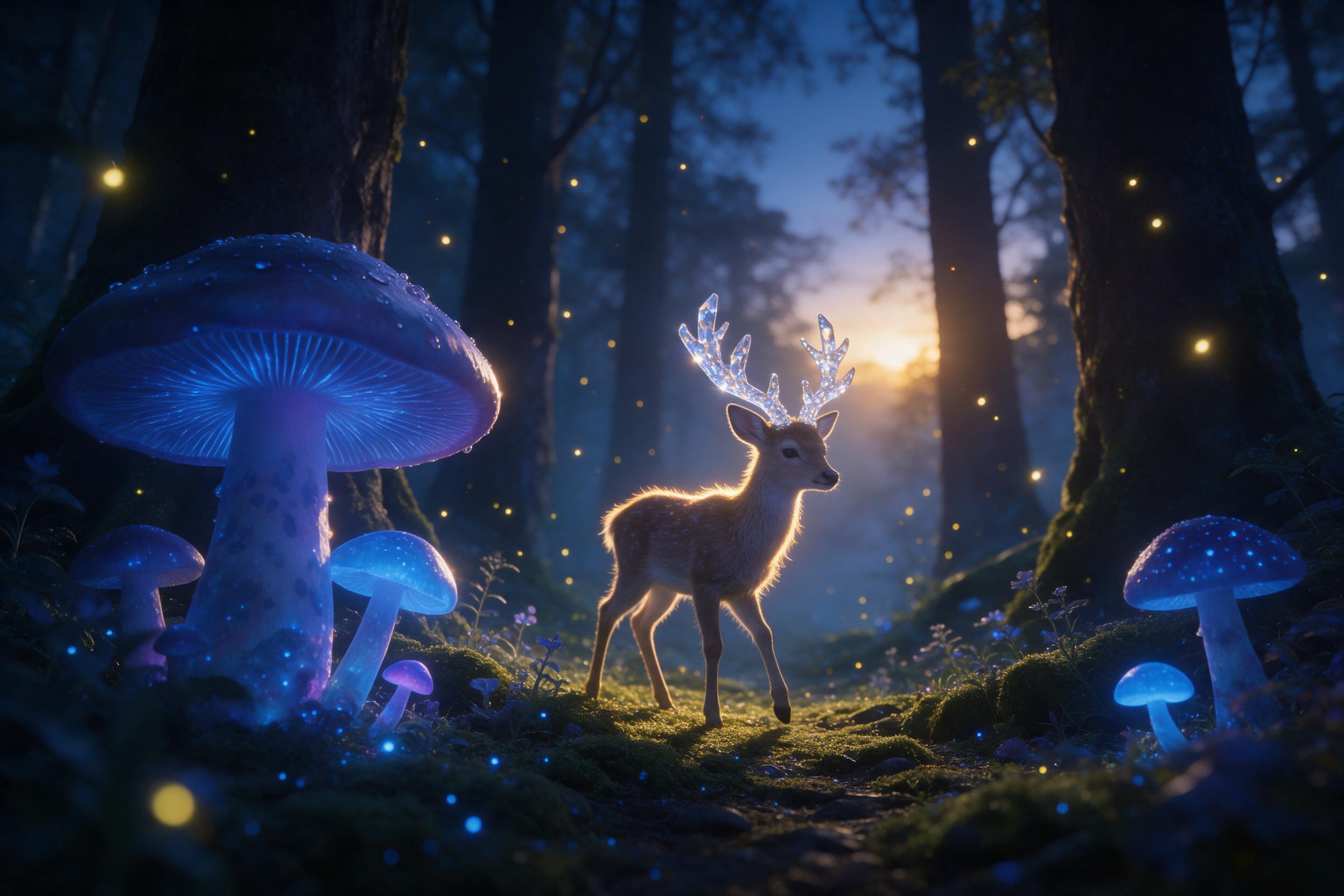 A bioluminescent forest at twilight, giant mushrooms glowing soft blue and violet, a small deer with antlers made of crystal walking on a mossy path, fireflies drifting in the air, mist between ancient trees, low-angle view, golden rim light from the setting sun filtering through leaves, ethereal an