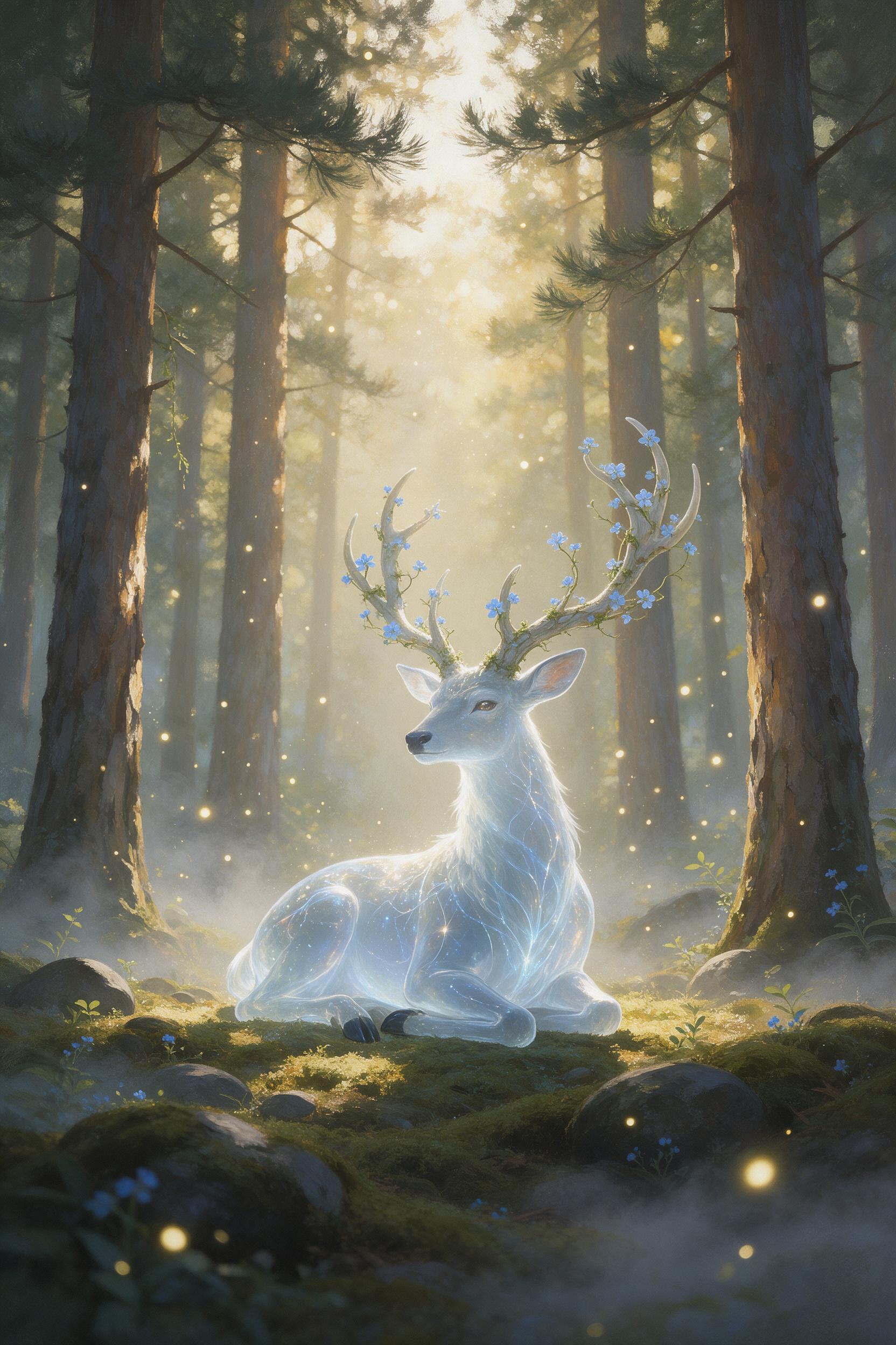 A sunlit forest clearing where a translucent, glowing spirit stag rests, antlers entwined with small blue flowers; soft mist rises from the mossy ground, dappled light filters through tall pines, fireflies drift in the golden haze; shallow depth of field, painterly texture, centered composition.