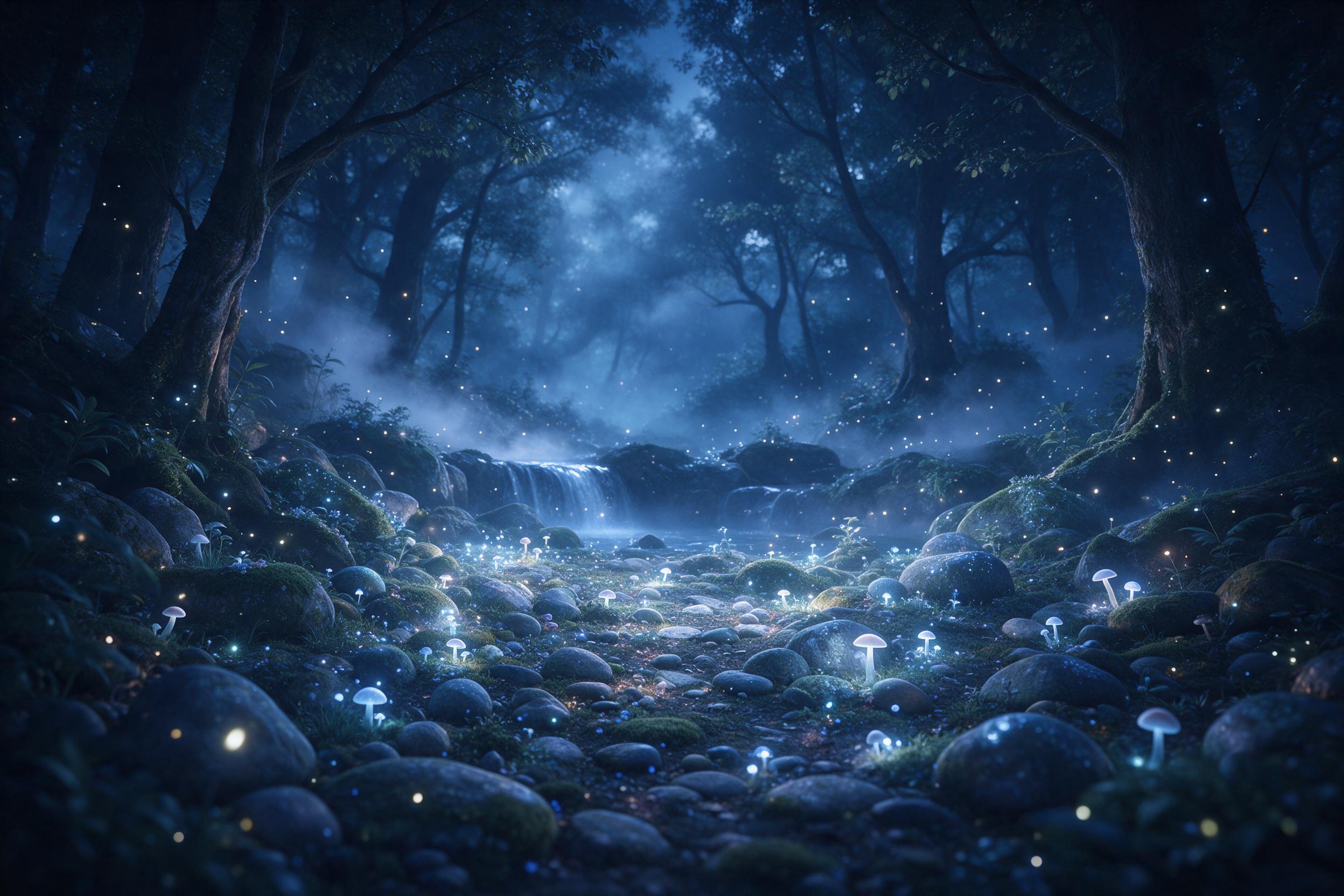 A serene moonlit forest clearing with bioluminescent mushrooms and a gentle waterfall, ethereal blue and silver tones, soft mist curling between ancient trees, fireflies drifting like tiny stars, intricate details on mossy stones, dreamlike atmosphere