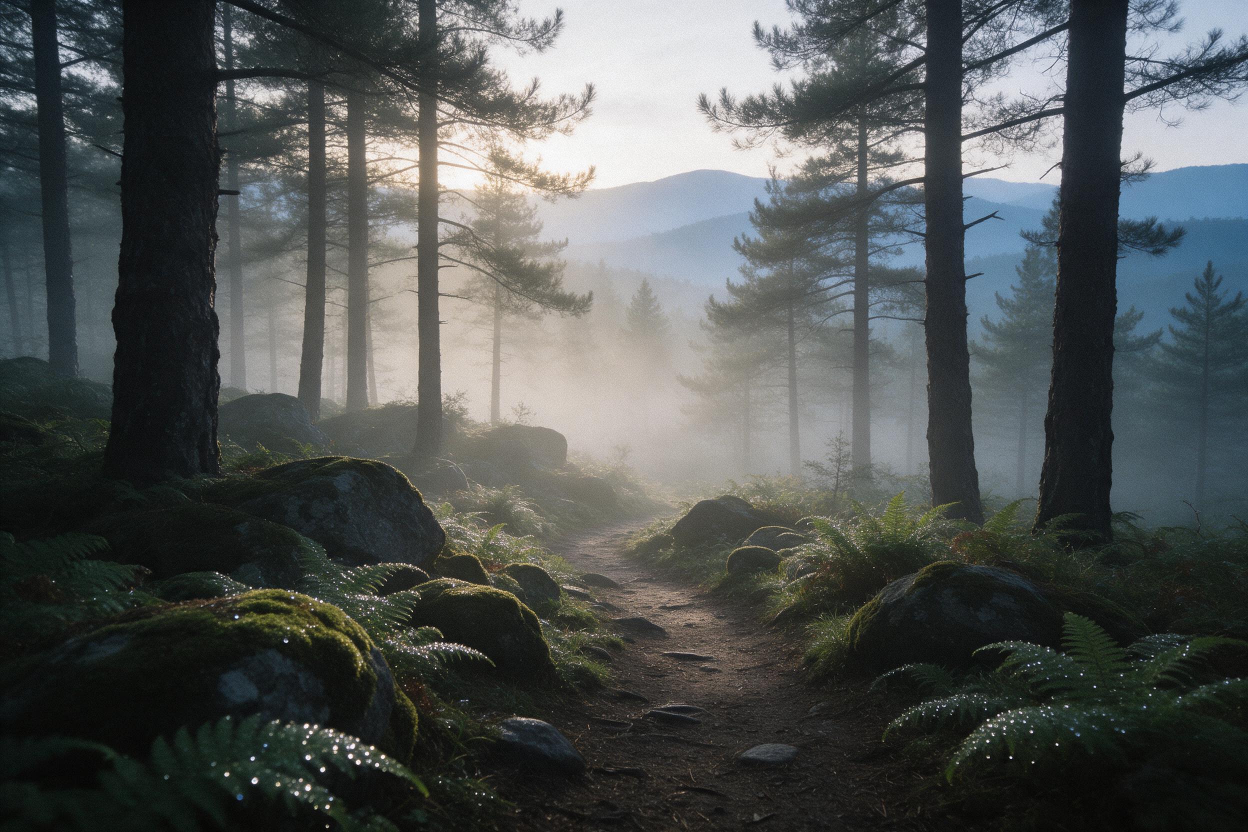A misty pine forest at dawn, soft golden light piercing through fog, winding dirt path with mossy rocks, ferns glistening with dew, distant mountains fading into layers of blue, serene and tranquil, natural lighting, slight grain