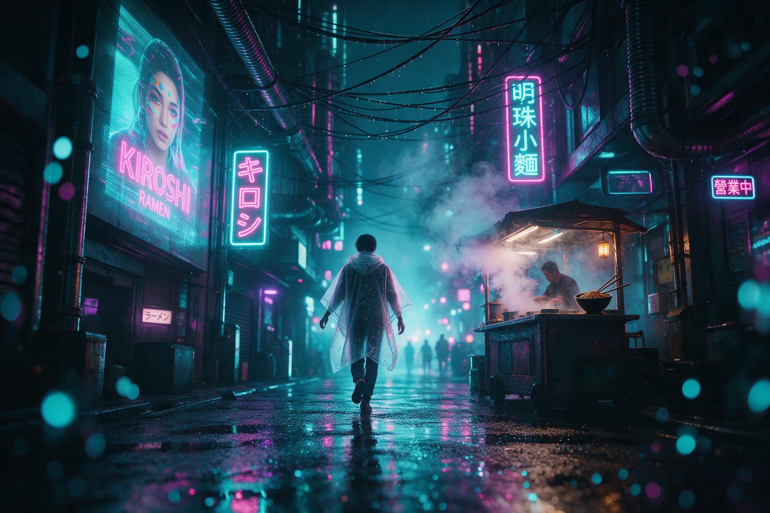Neon-lit cyberpunk alley at night, rain-slicked asphalt reflecting holographic advertisements, a lone figure in a translucent poncho walking toward a glowing noodle stand, steam rising from food carts, overhead cables and dripping pipes, moody atmosphere with cyan and magenta rim lighting, shallow d