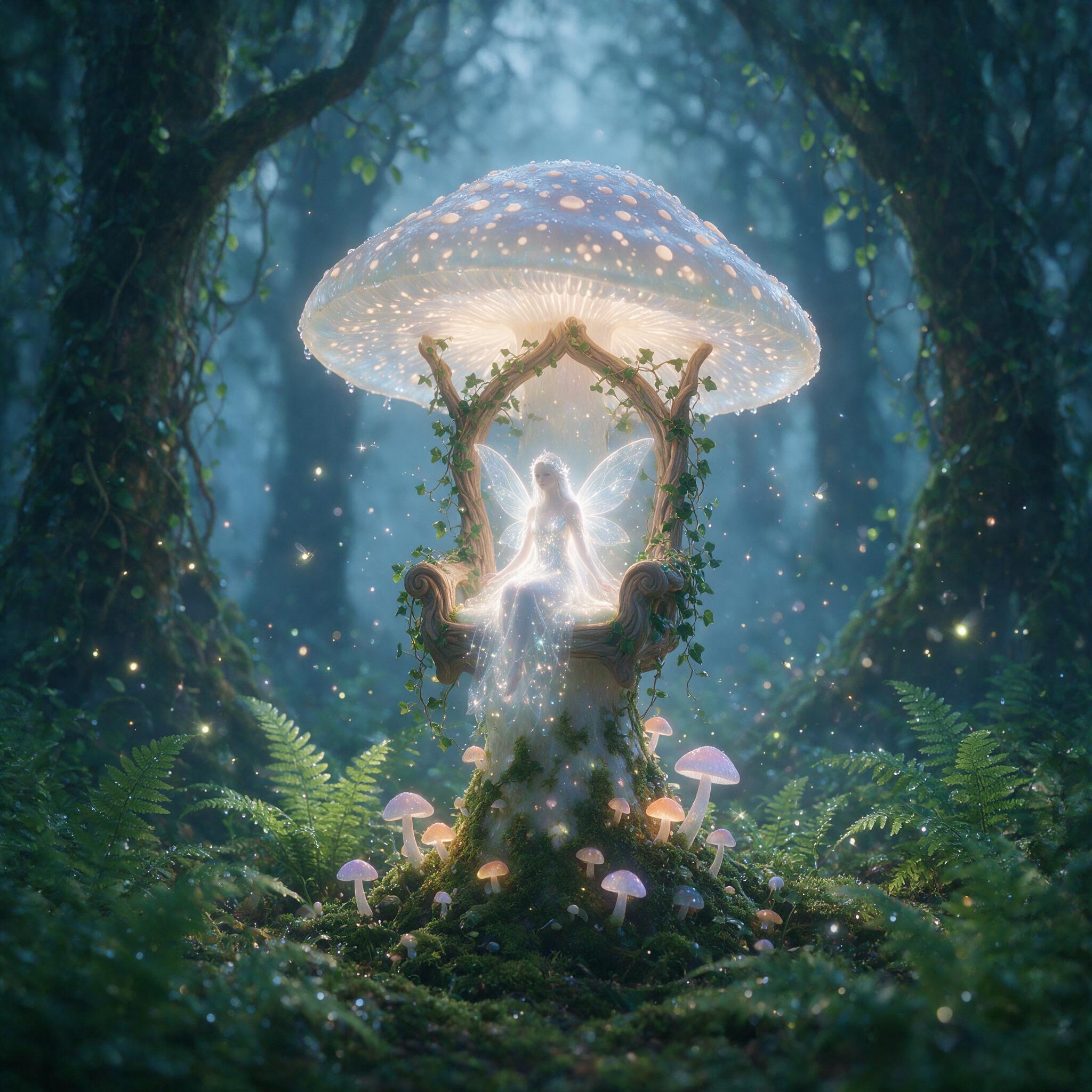 A luminous fairy queen with translucent wings sits on a glowing mushroom throne in a misty forest at twilight, her silver hair cascading over a gown woven from moonbeams, surrounded by floating fireflies and soft blue light, ethereal atmosphere, shallow depth of field, cinematic composition.