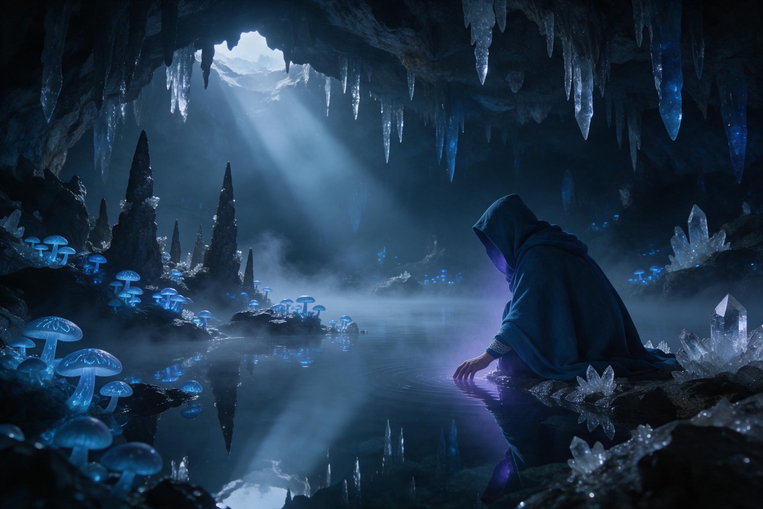 A moonlit crystal cavern, glowing blue mushrooms and luminous stalactites reflect in a still underground lake. Wisps of silver mist drift between jagged rock formations, soft volumetric light from a hidden opening above. A lone figure in a hooded cloak kneels at the water's edge, casting a faint vio