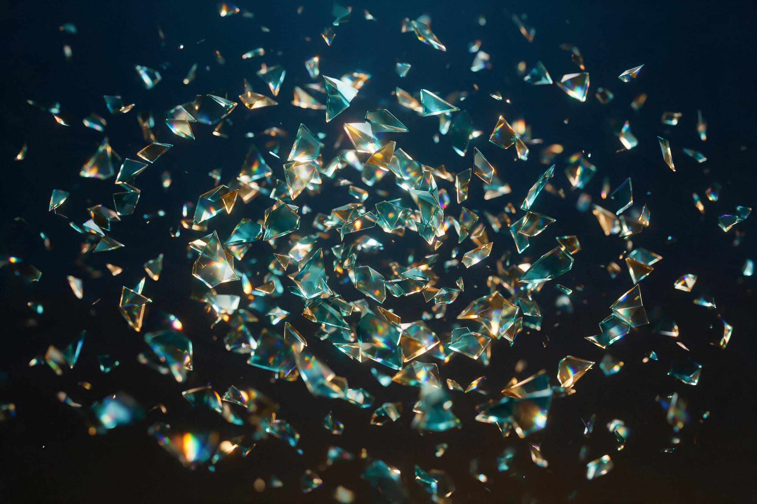 A swirling composition of translucent teal and amber glass shards, suspended in mid-air, with soft diffused backlight creating rainbow refractions on a dark gradient background, shallow depth of field, geometric precision.