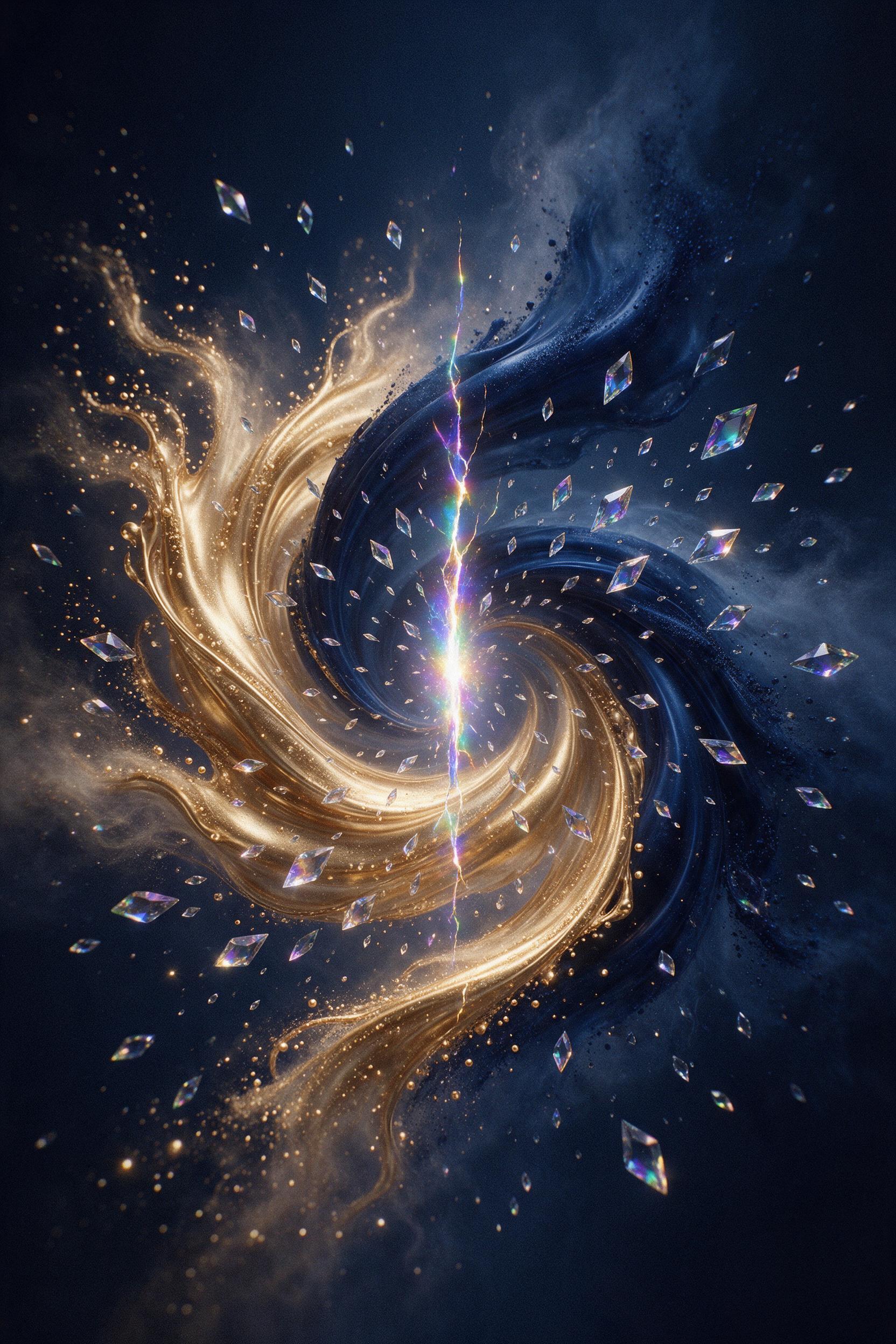 Swirling ribbons of molten gold and midnight blue collide in a dark void, edges dissolving into fine mist. A single crack of iridescent light splits the center, scattering glass-like shards. Soft vignette, subtle chromatic aberration, grainy film texture.