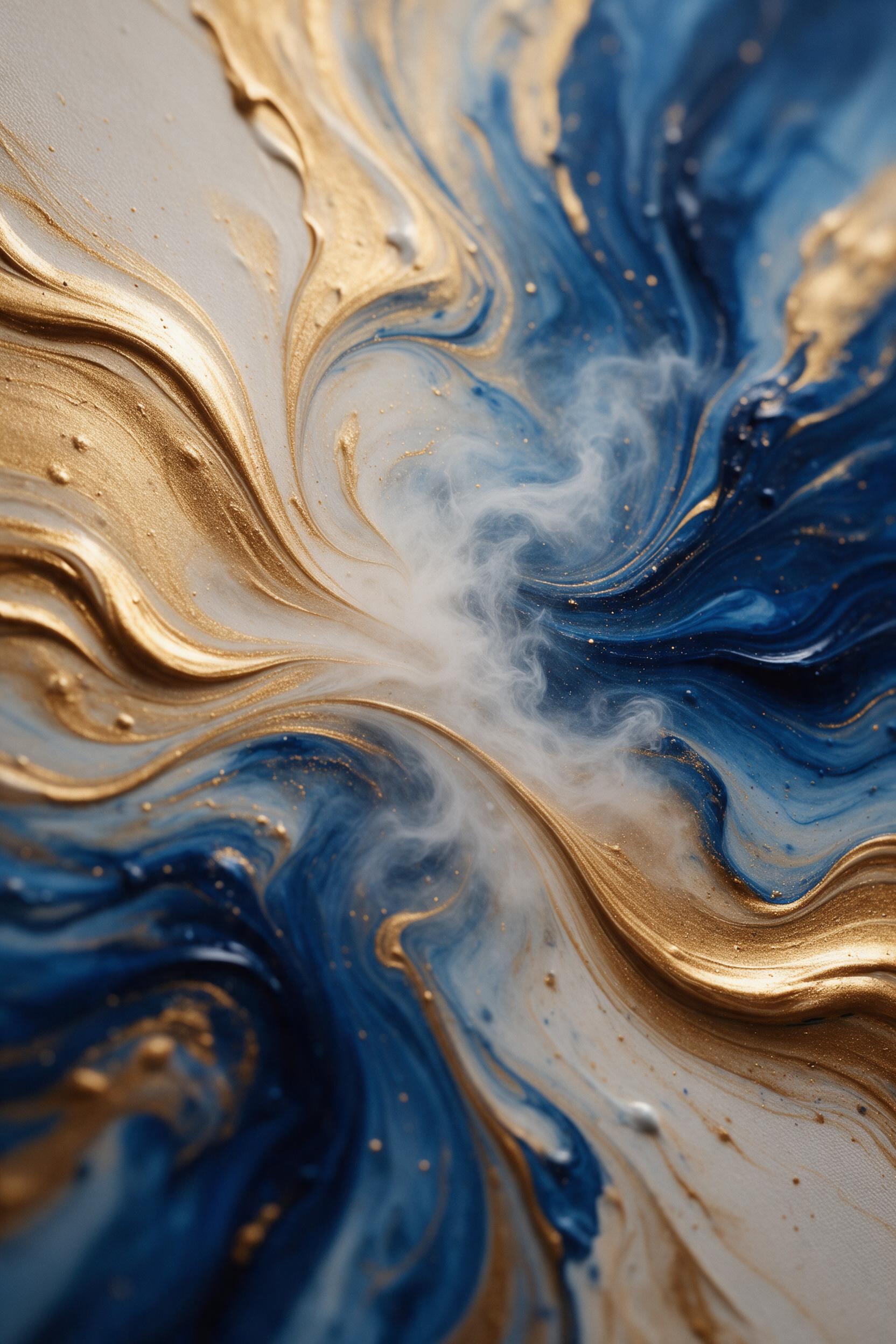 Fluid abstract swirls of molten gold and deep sapphire colliding, fine white mist veils the center, soft cinematic light from upper left, shallow depth of field focusing on the texture of thick acrylic paint, smooth matte canvas surface, subtle shadows create a sense of movement.