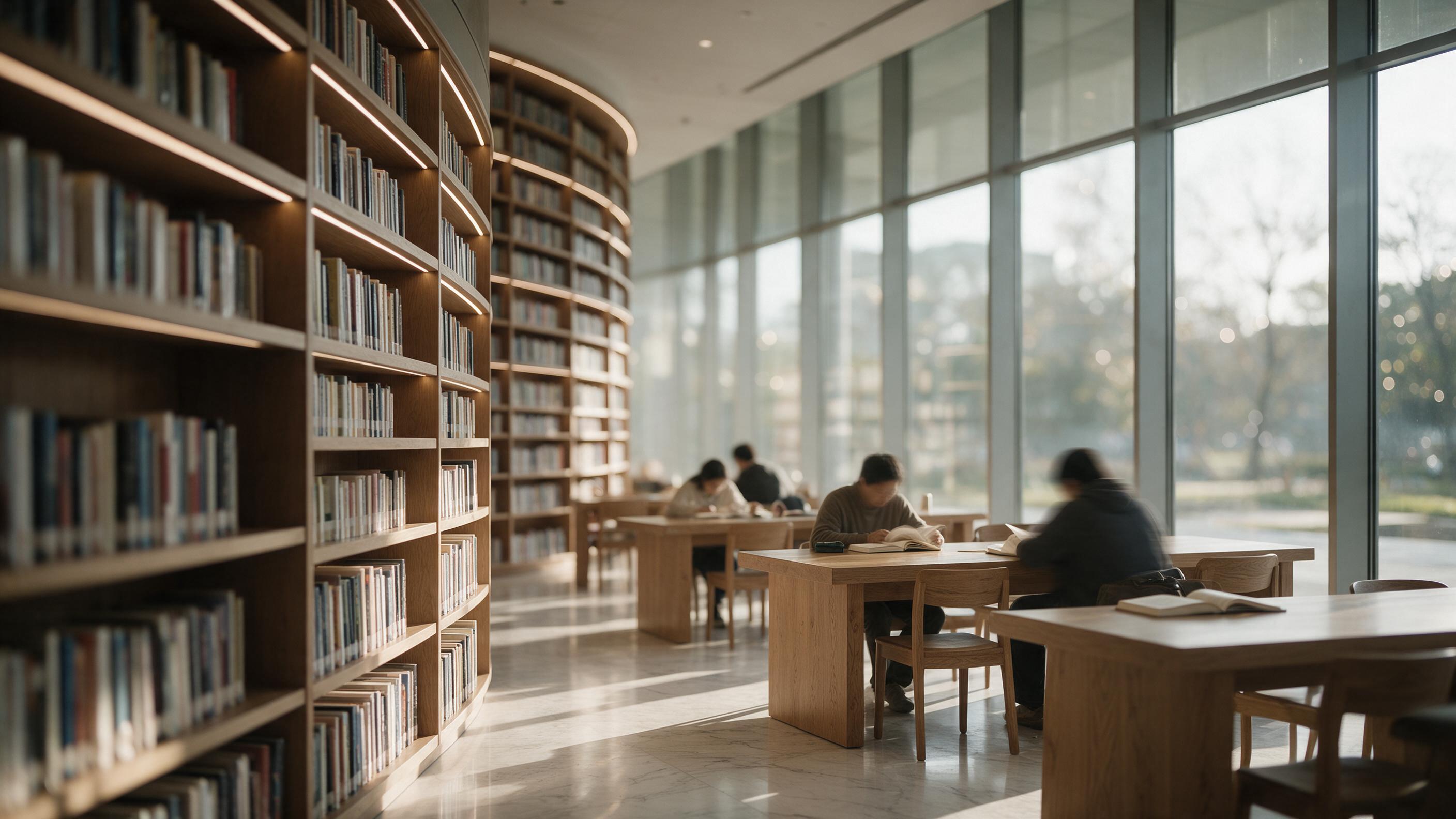 Sunlit modern library interior: curved wooden bookshelves with warm LED strips, soft morning light through tall glass wall onto marble floor, people reading at scattered oak tables, slight motion blur, natural bokeh, muted earthy palette, wide-angle composition.