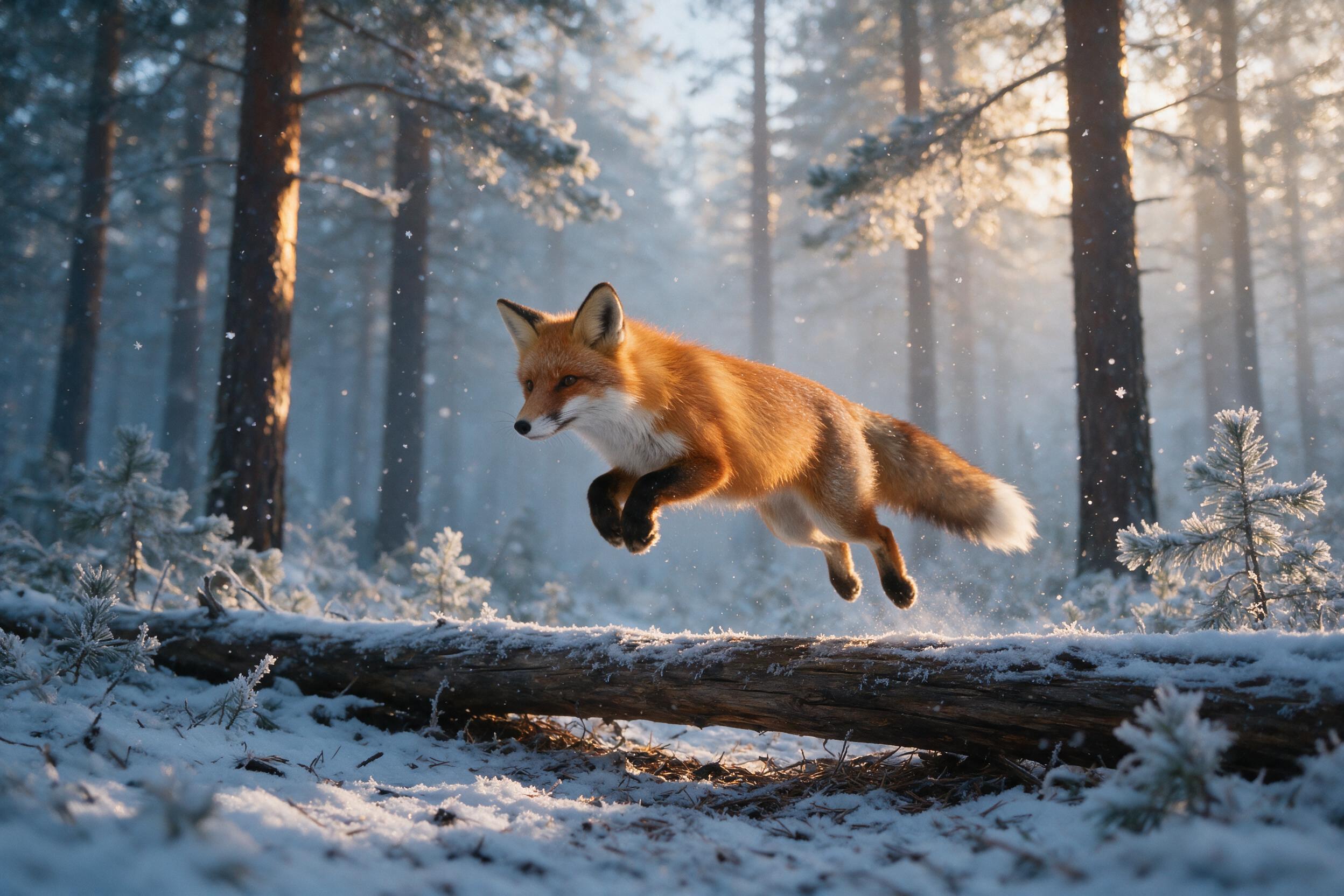 A red fox mid-leap over a snow-dusted log in a misty pine forest at dawn, fur catching soft golden side light, snowflakes suspended in air, shallow depth of field with blurred background, natural grain and slight motion blur on paws