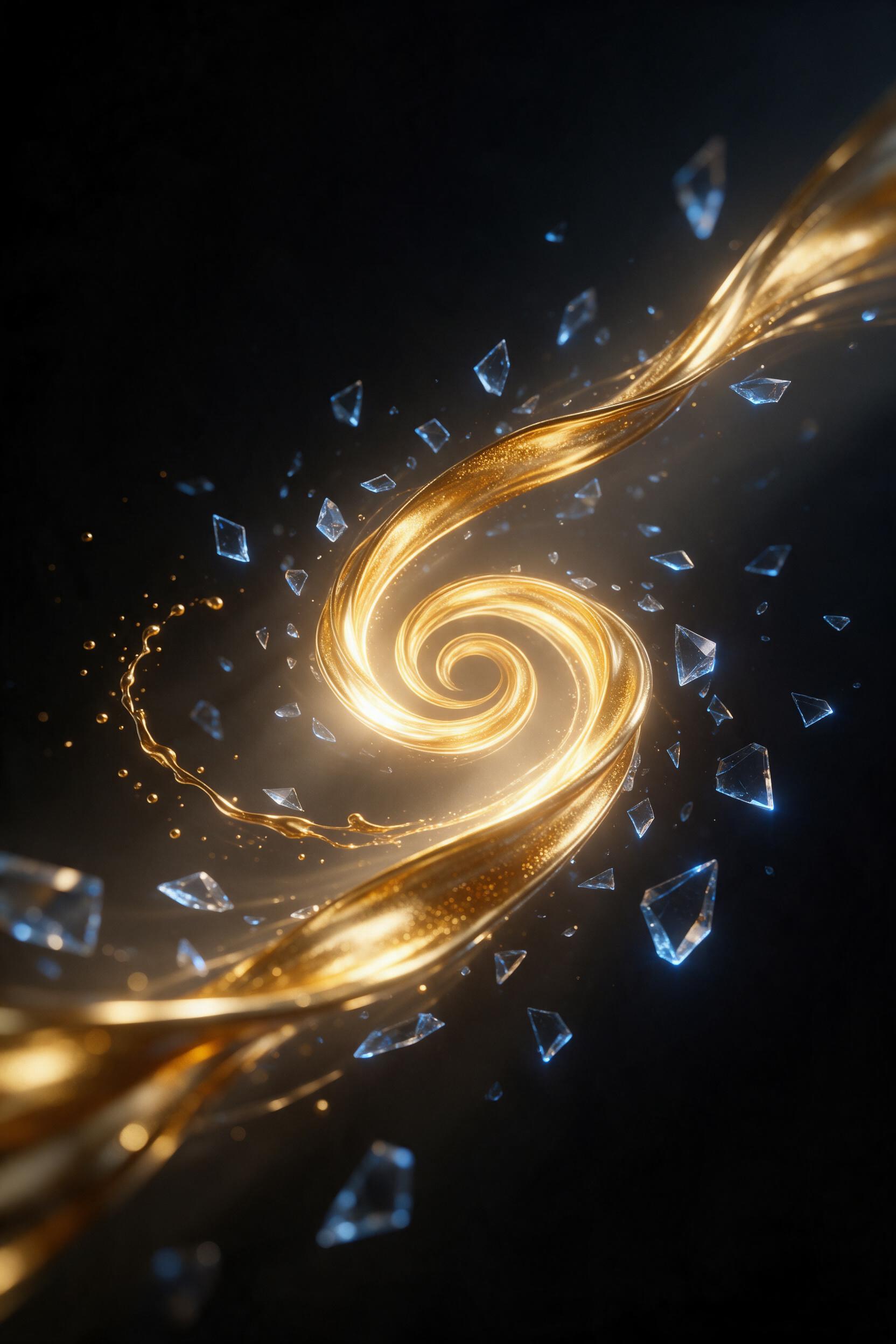 A flowing ribbon of molten gold spiraling through a dark void, fragments of shattered prism glass orbiting, each catching cold blue rim light, subtle motion blur at edges, minimalist composition with negative space, cinematic volumetric fog, high contrast chiaroscuro lighting.