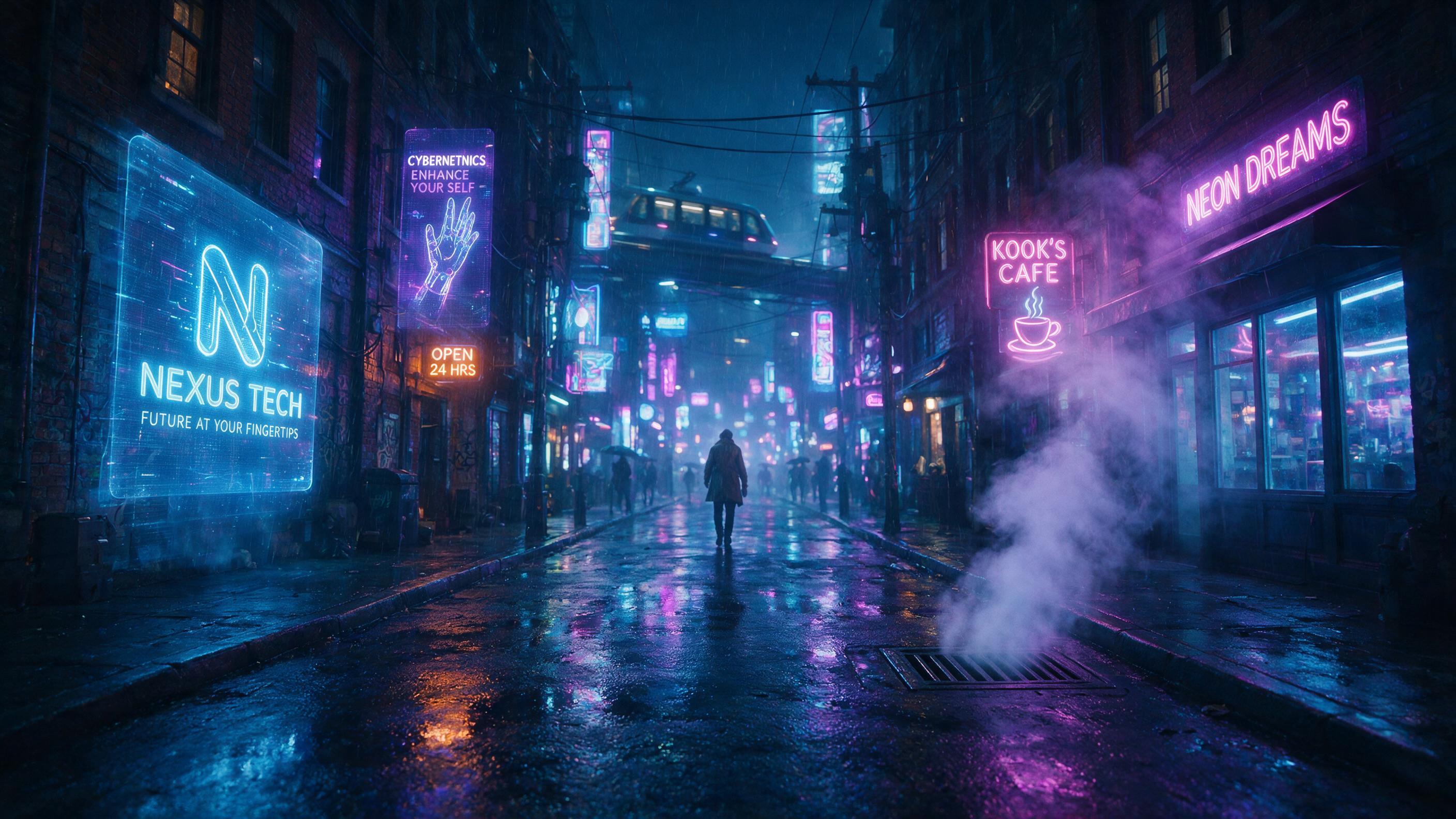 A neon-lit cyberpunk alleyway at night, rain-slicked asphalt reflecting holographic advertisements, a lone figure in a trench coat walks under flickering blue and purple signs, steam rising from a vent, shallow depth of field, cinematic lighting, motion blur.