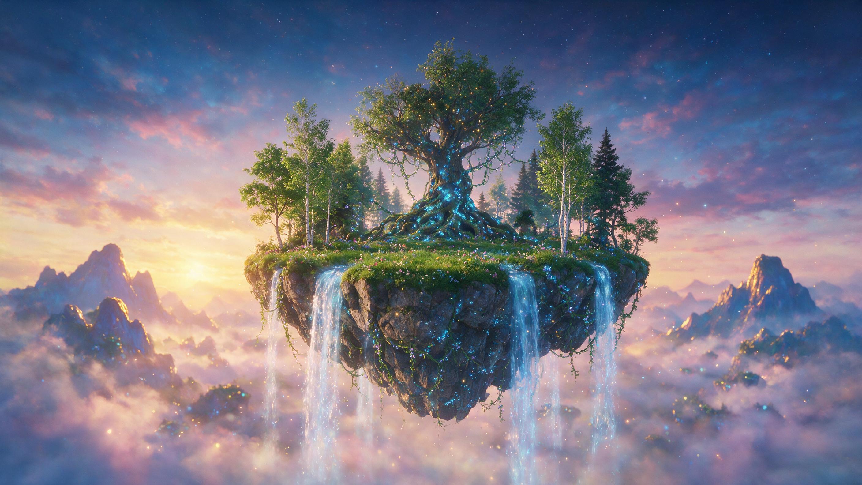 A luminous floating island suspended in twilight sky, cascading waterfalls of glowing liquid starlight, bioluminescent moss and twisting vines, soft mist, warm golden hour light, shallow depth of field, ethereal atmosphere