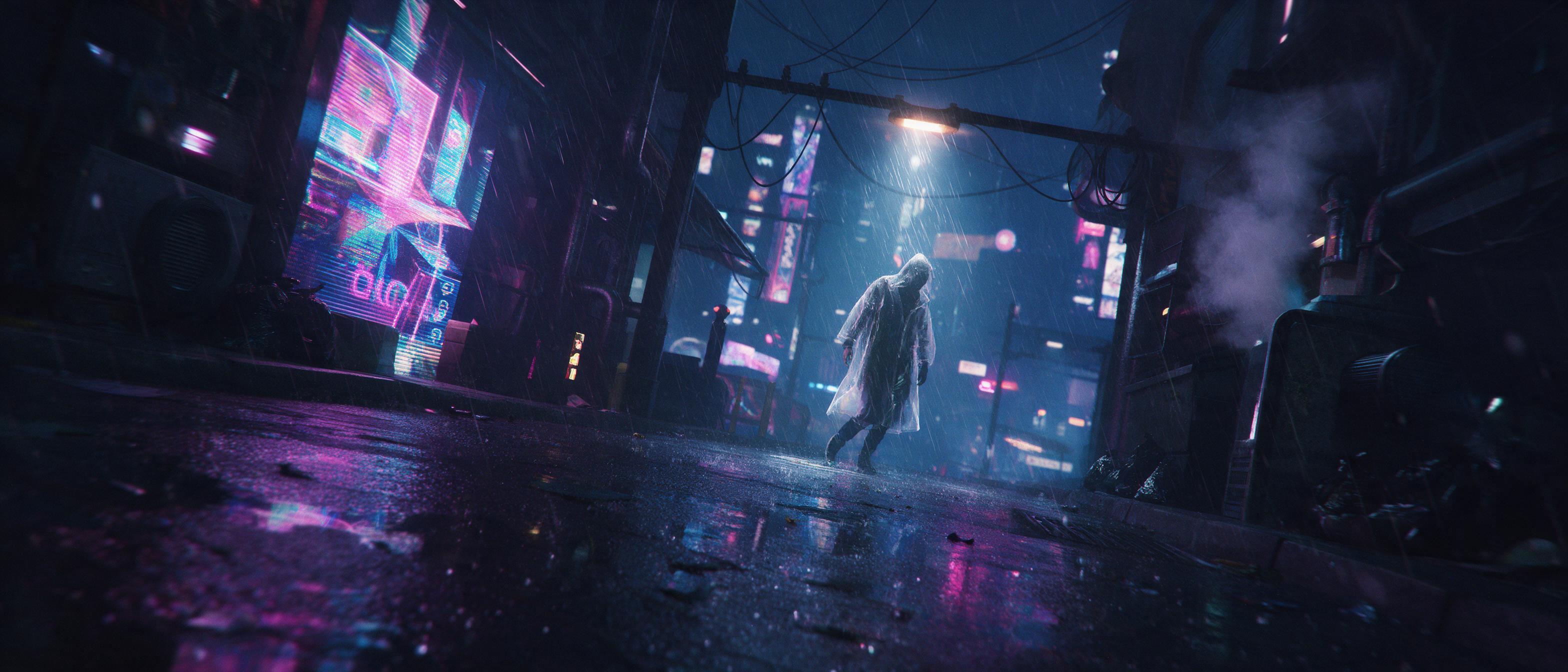 Neon-lit cyberpunk alley at night, rain-slick asphalt reflecting holographic signs, a lone figure in a translucent trench coat walking under a flickering overhead lamp, steam rising from a vent, deep blues and magenta hues, cinematic wide shot with a slightly tilted camera, motion blur on the rain