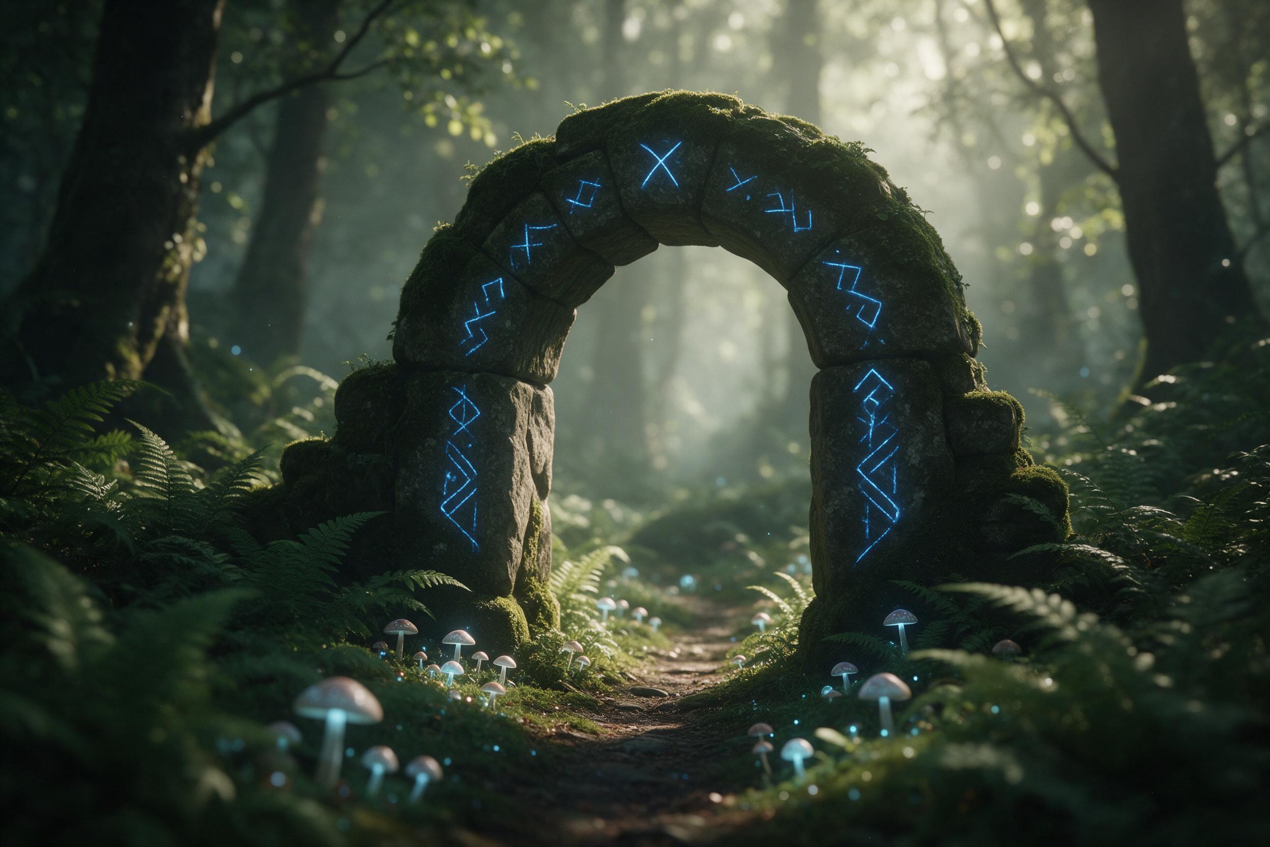 An ancient, moss-covered stone archway hidden in a misty forest, glowing blue runes etched into the stones, a winding path of luminescent mushrooms leading through ferns, soft dappled sunlight breaking through the canopy, ethereal atmosphere, shallow depth of field, cinematic lighting, muted greens 