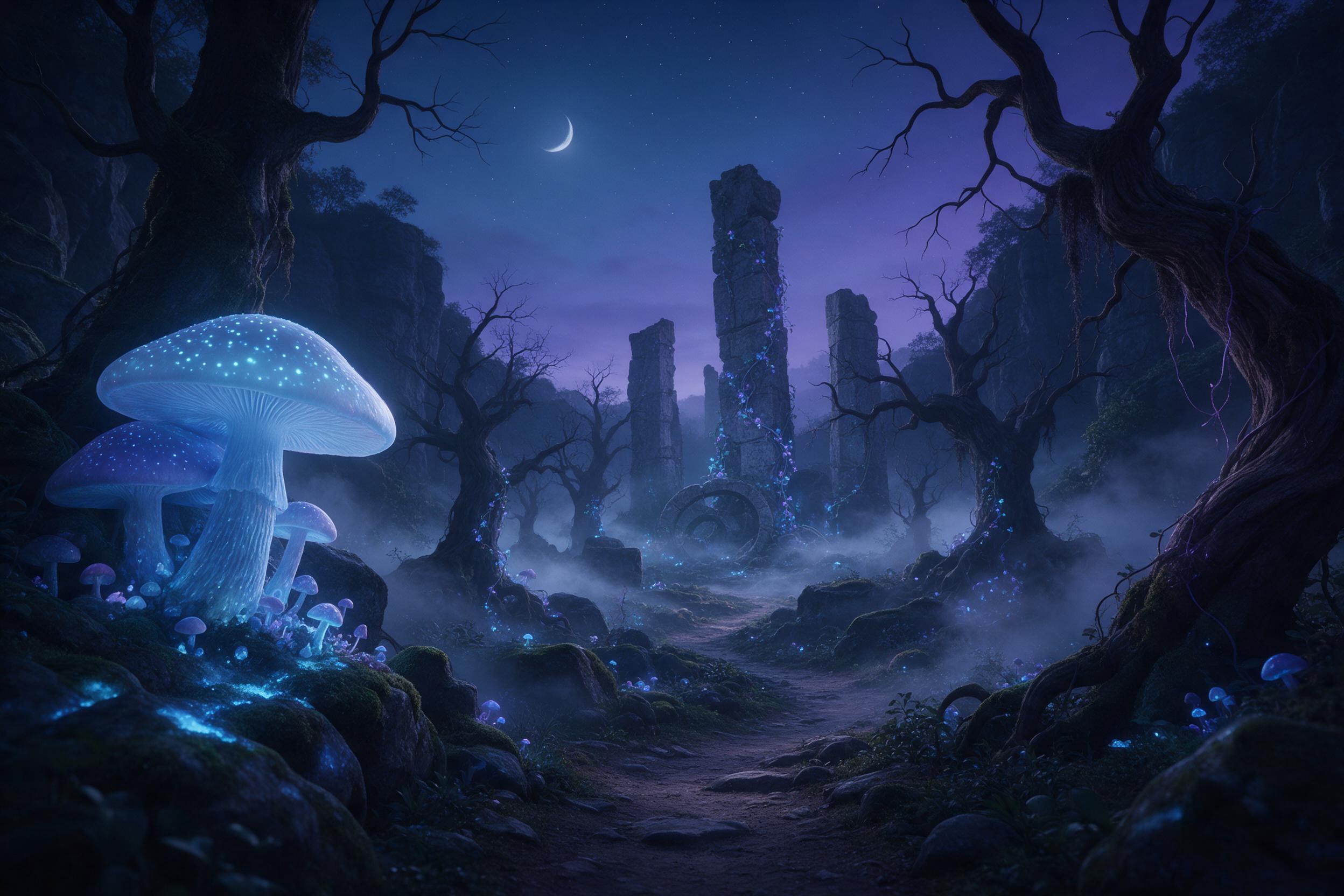 A hidden valley veiled in perpetual twilight, where giant phosphorescent mushrooms illuminate a winding path. Soft blue and violet glow pool on mossy stones, while a silver mist drifts between ancient twisted trees. In the distance, shattered stone pillars rise, wrapped in glowing vines. Wide angle,