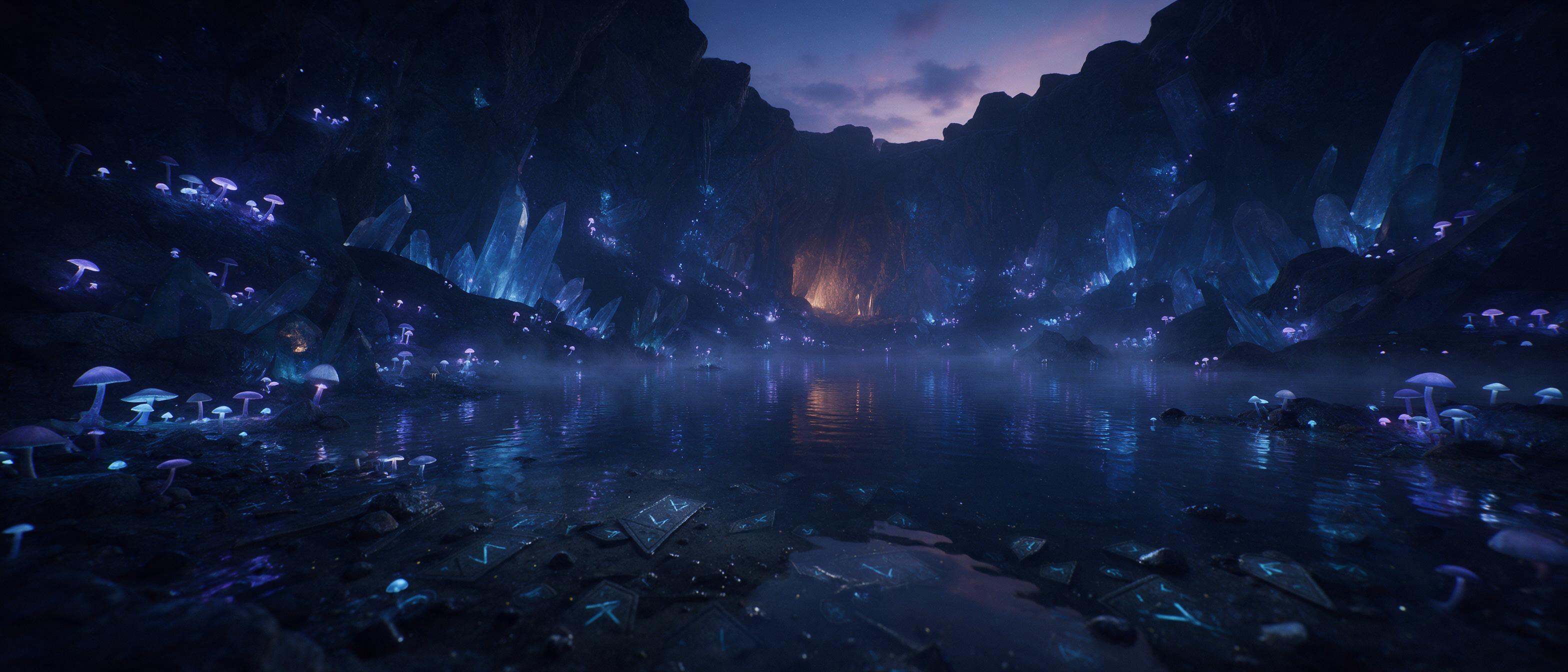 A glowing crystal cavern beneath a twilight sky, bioluminescent mushrooms casting soft blue and violet light on a still underground lake, a faint mist rising, shards of ancient runes half-buried in the silt, gentle reflections rippling, warm amber glow from a distant fissure, cinematic composition w