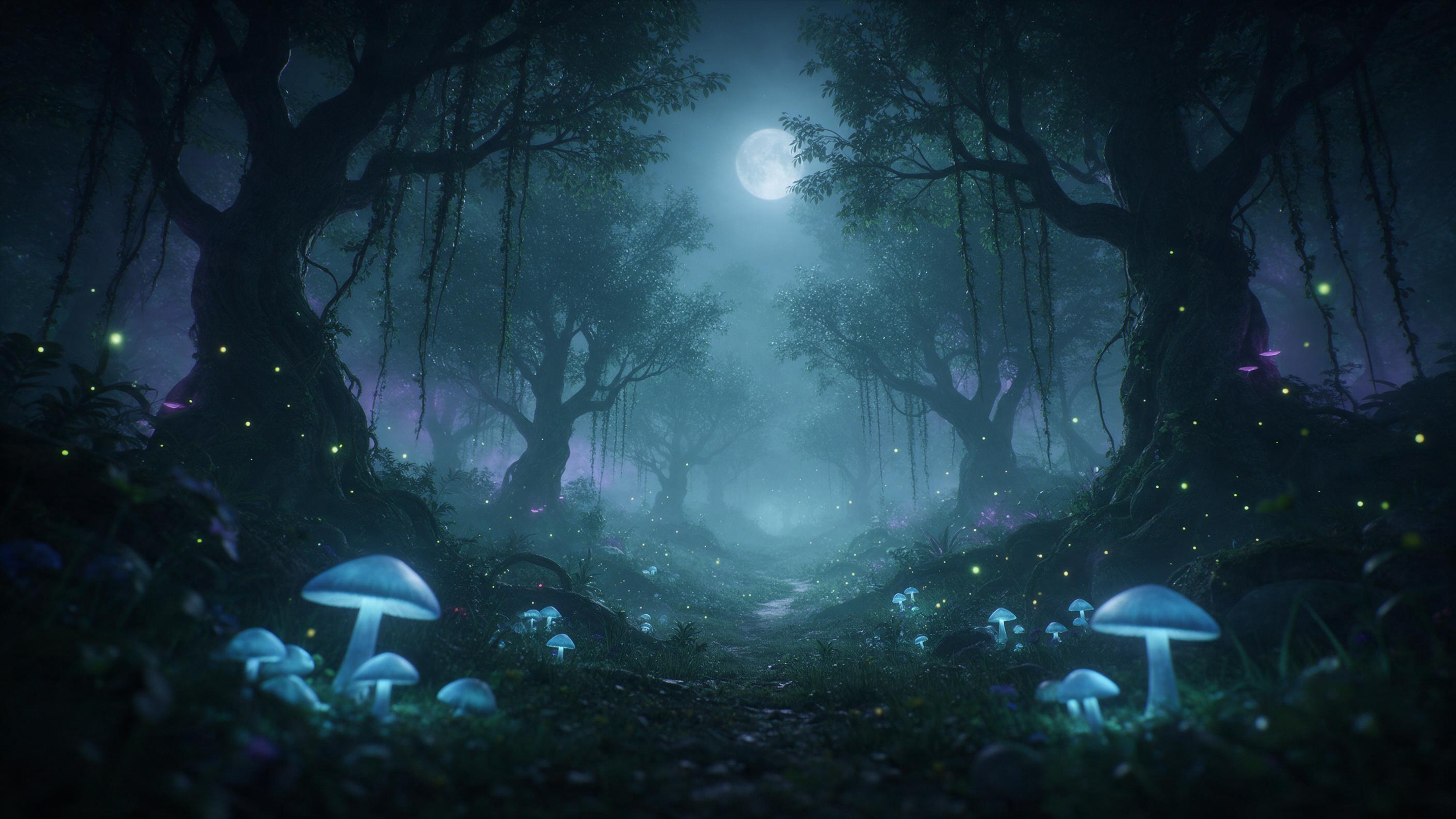 A moonlit enchanted forest clearing, glowing blue mushrooms casting soft light, ancient twisted trees with hanging vines, a narrow winding path disappears into mist, fireflies drifting, cool teal and purple palette, low angle shot, atmospheric depth, ethereal fog.