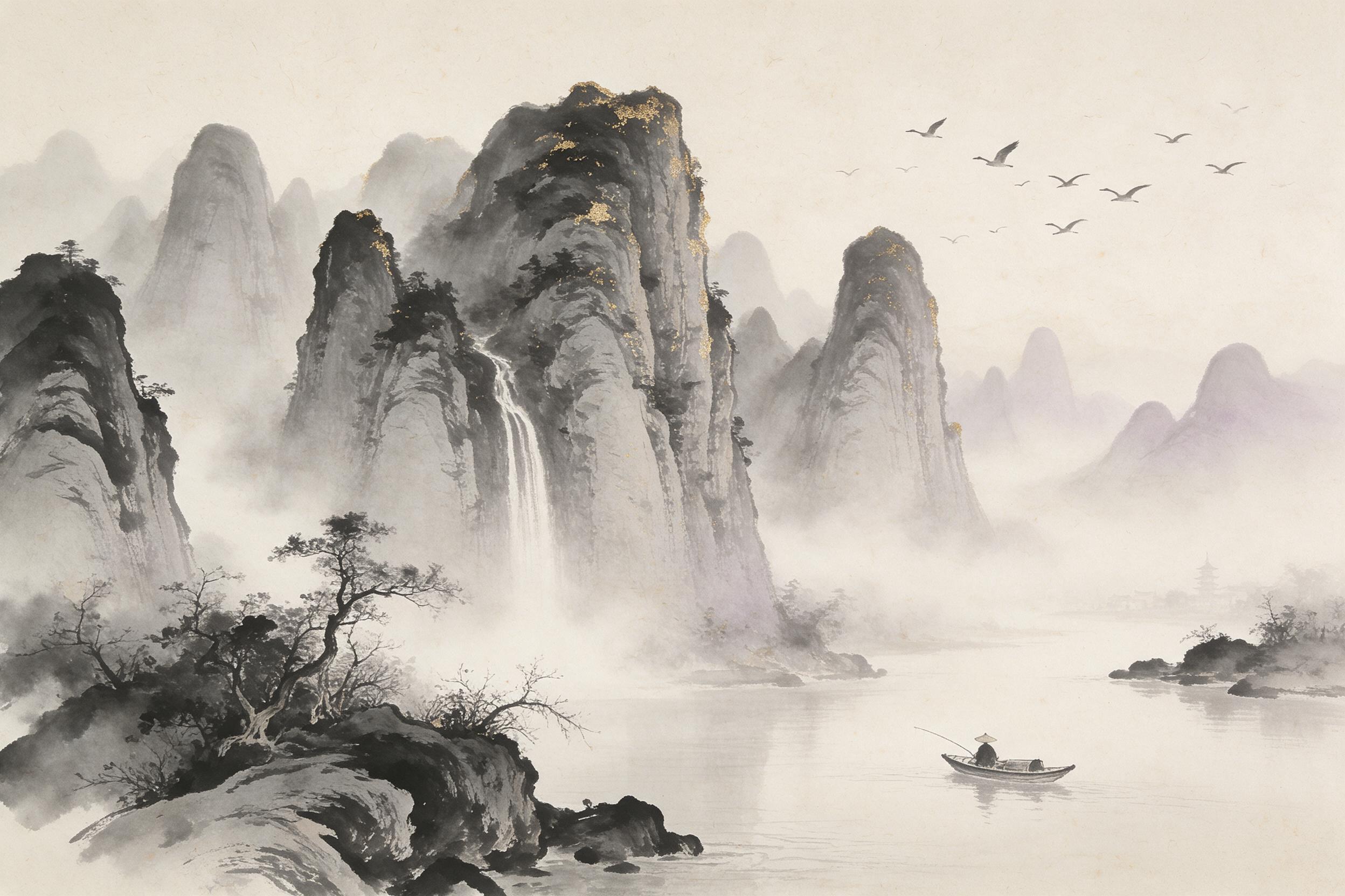 Ancient Chinese ink wash painting of misty karst mountains rising from a serene river, lone fisherman in a narrow boat with a straw hat, wild geese flying in distant sky, subtle gold leaf accents on peaks, soft weather-worn paper texture, brushstroke edges bleeding into wet rice paper, pale morning 