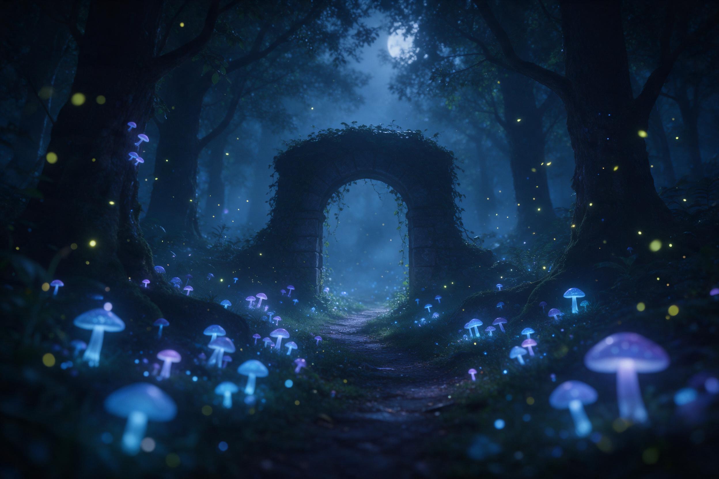 A misty ancient forest where bioluminescent mushrooms glow in soft blues and purples, a winding path leading to a stone archway covered in vines, fireflies drifting in the air, moonlight filtering through dense canopy, ethereal atmosphere, soft focus with gentle bokeh, muted color palette.