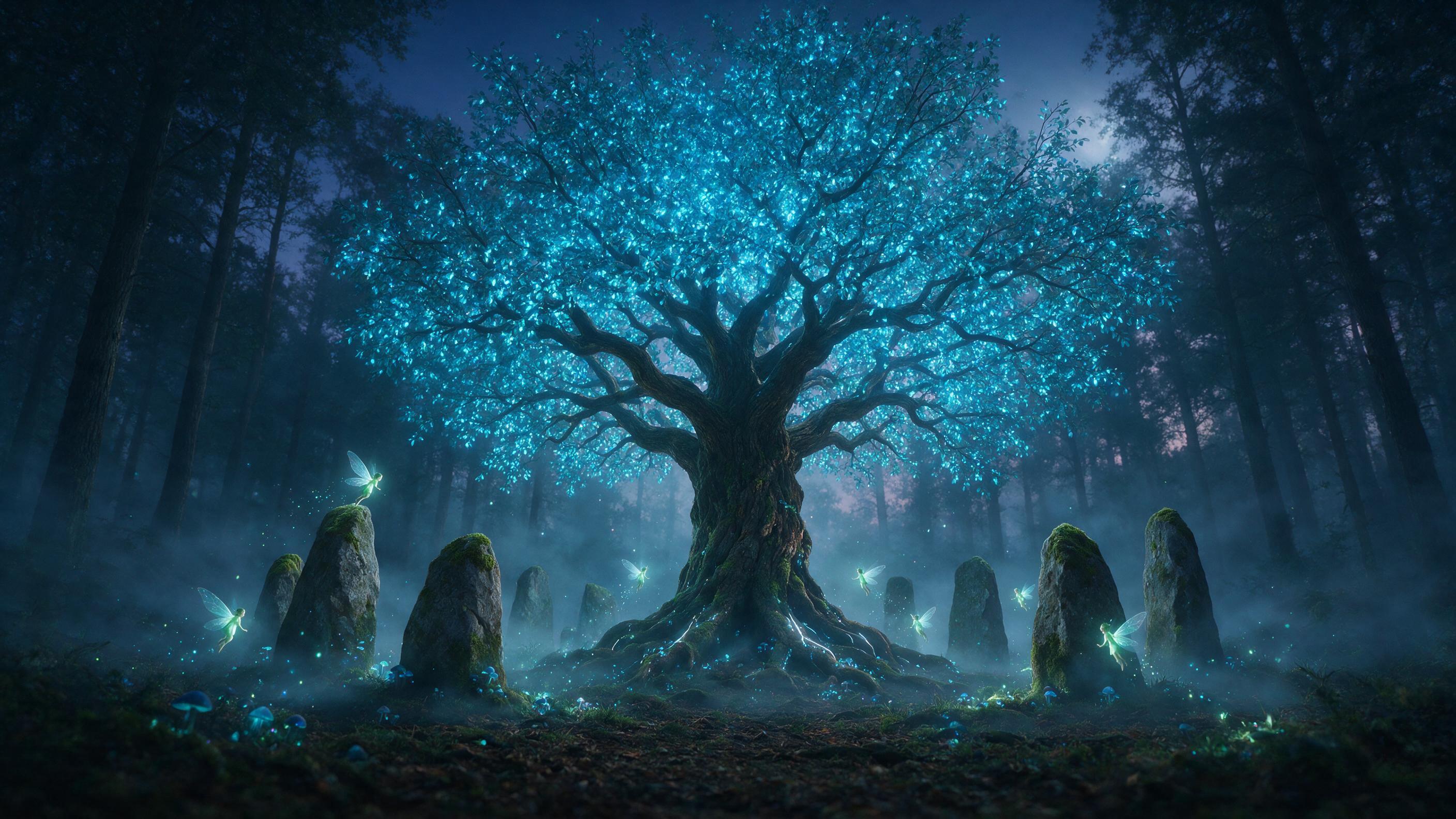 A misty ancient forest clearing at twilight, where a giant ancient oak with bioluminescent blue leaves stands center, its roots glowing faintly. Small green sprites with translucent wings hover around a mossy stone circle, casting soft light. Fog rolls low, blending with the glow. Composition: low a