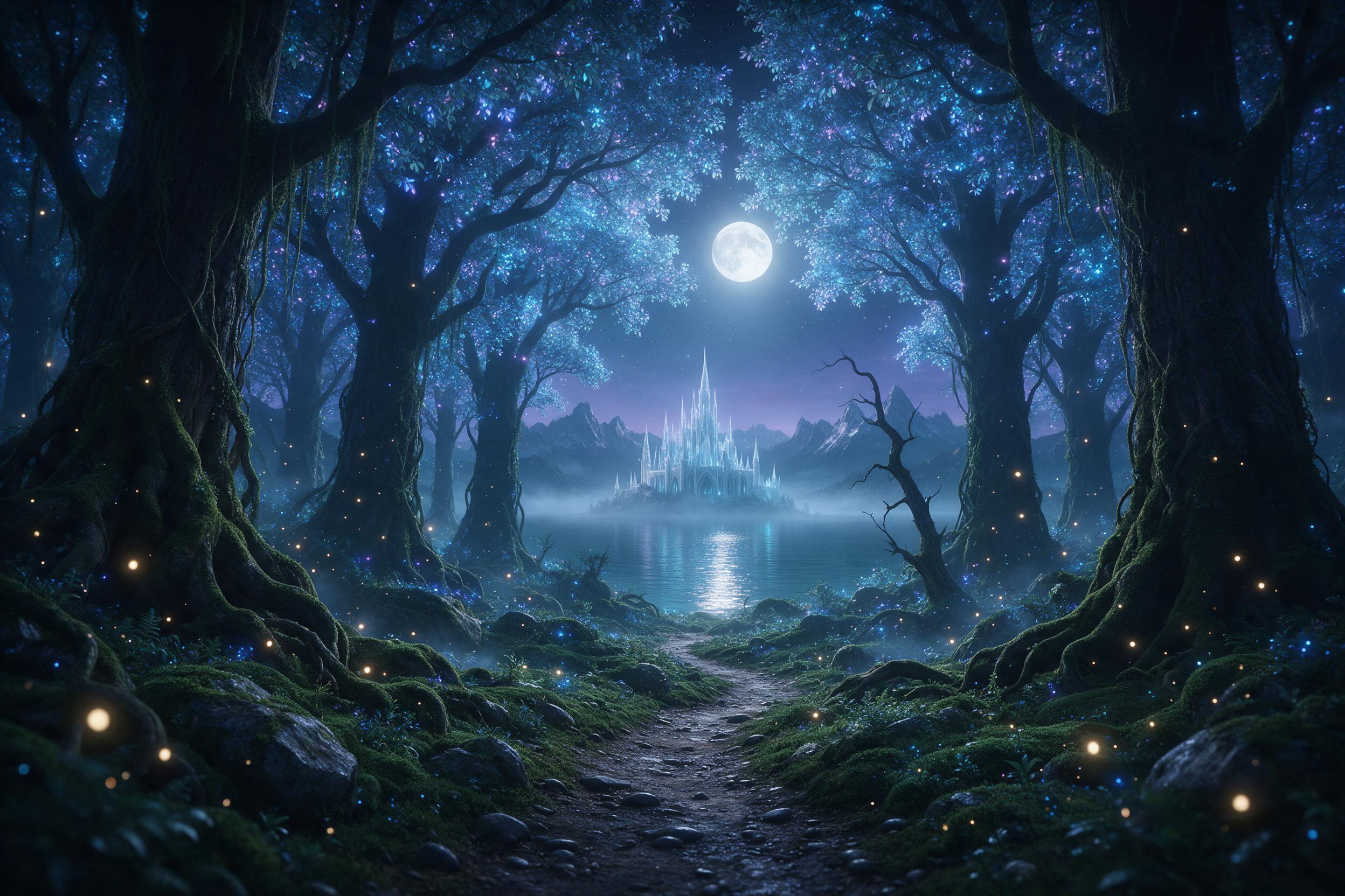 A moonlit ancient forest with towering bioluminescent trees, their glowing blue and purple leaves casting soft light on a mossy ground. A narrow winding path leads to a distant, ethereal castle floating above a misty lake. Fireflies drift like lanterns. The air is thick with magical aura, subtle len