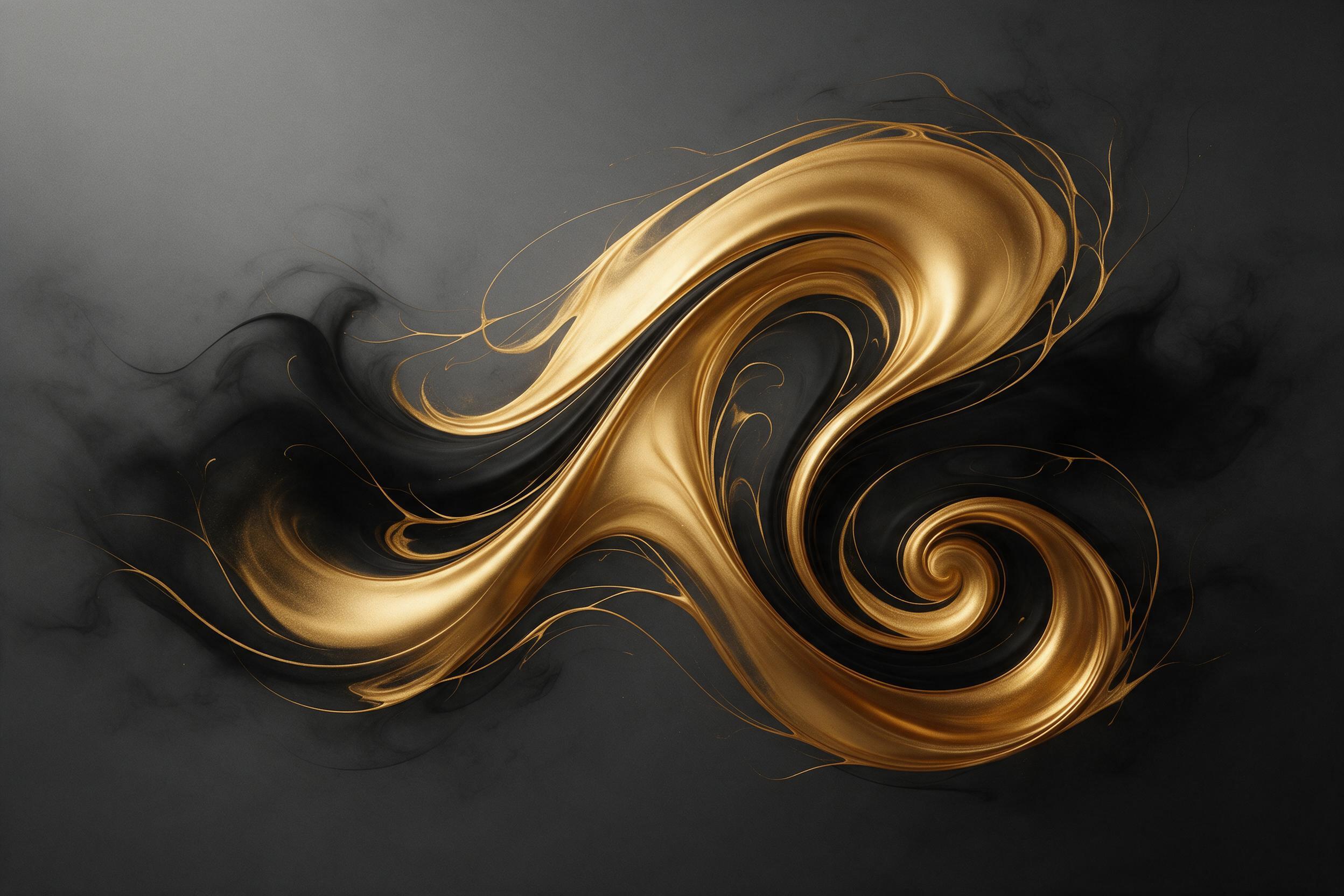 A minimal abstract composition of flowing liquid gold and deep matte black, swirling into elegant curves against a soft charcoal background, with subtle reflections and gentle light from the upper left, creating a sense of fluid motion and depth, no text or sharp edges, smooth gradients and fine gra