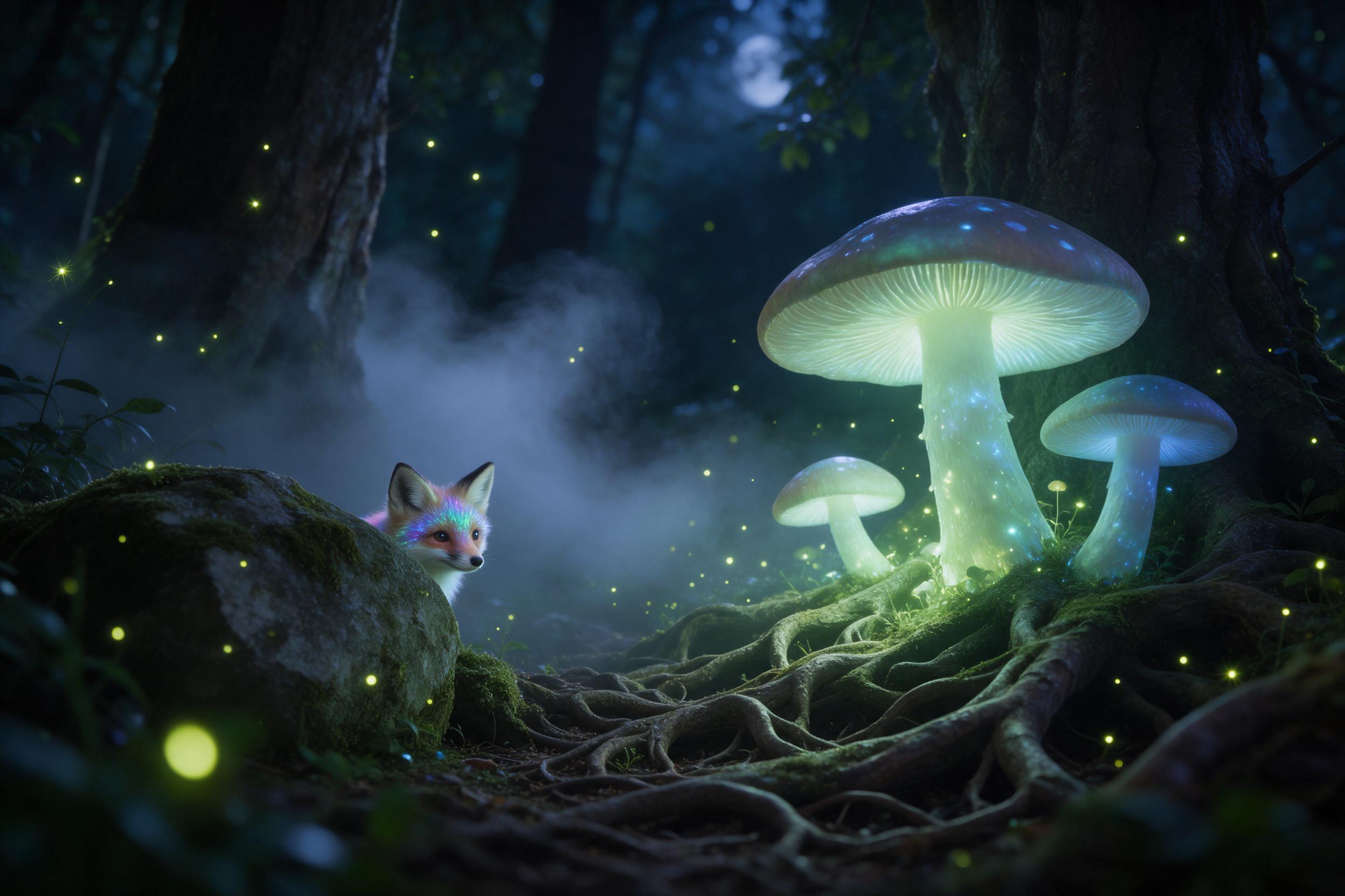A moonlit forest where giant glowing mushrooms cast soft green and blue light on tangled roots, a tiny fox with iridescent fur peeks from behind a mossy stone, mist curling between ancient trees, fireflies sparkling, dreamy ethereal atmosphere, 35mm lens, shallow depth of field