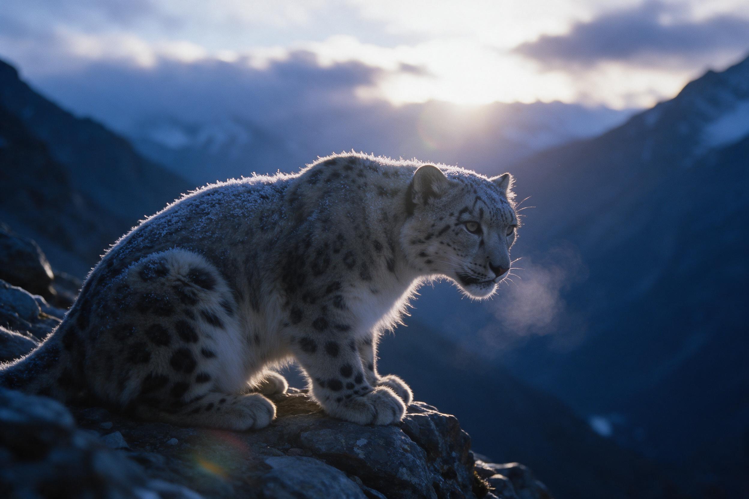 A snow leopard crouches on a rocky outcrop at dawn, its fur dusted with frost, breath misting, behind it a deep blue alpine valley with soft golden light breaking through clouds, lens flare, shallow depth of field, slight grain