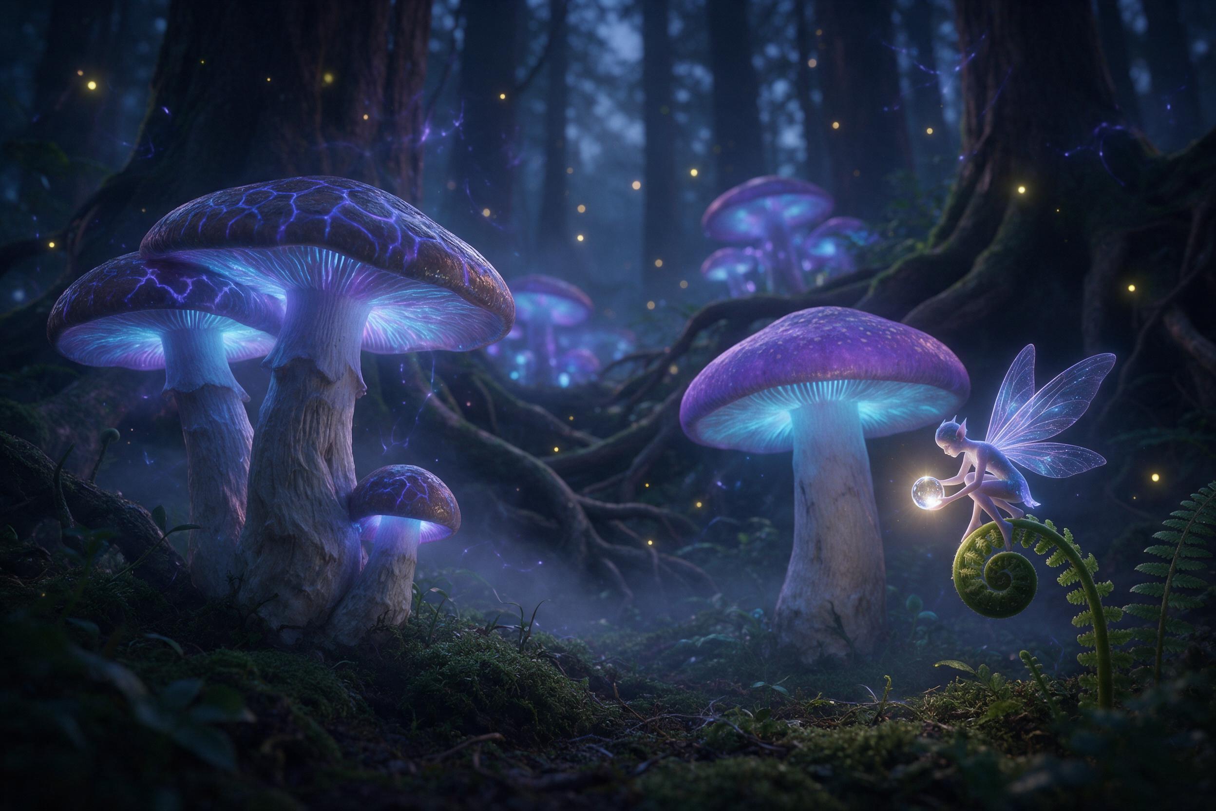 A misty ancient forest at twilight, where giant bioluminescent mushrooms cast soft blue and violet light on the mossy ground. A tiny fairy with translucent wings perched on a curled fern, holding a glowing dewdrop. Fog weaves between gnarled tree roots, and distant fireflies sparkle. Low camera angl