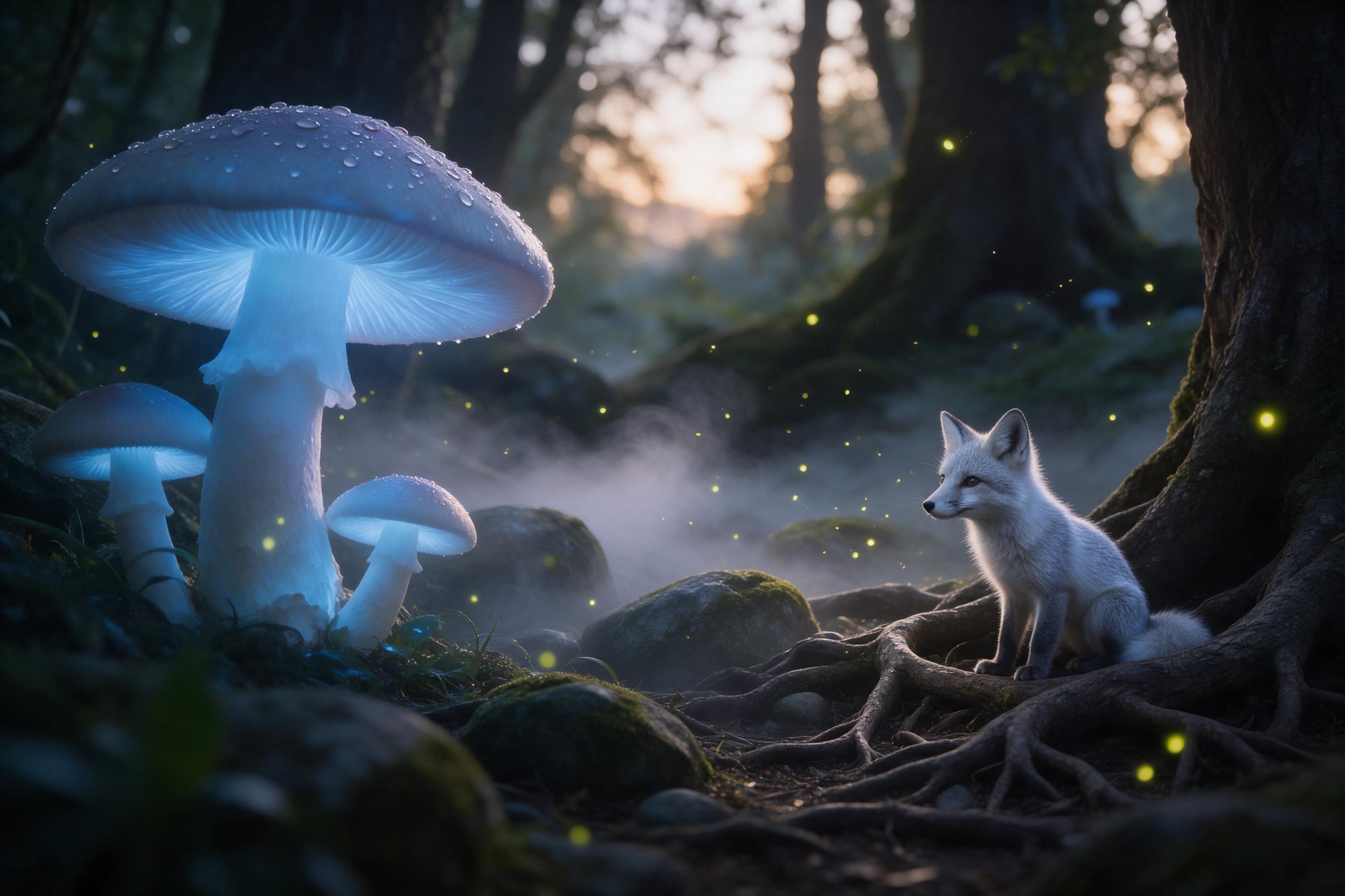 An ancient forest where giant glowing mushrooms emit soft blue light, their caps covered in dew. A small fox with silver fur sits between roots, watching fireflies drift. Mist curls around mossy stones. Soft 5pm glow, shallow depth of field, warm and cool tones in balance. No text, no watermark in i