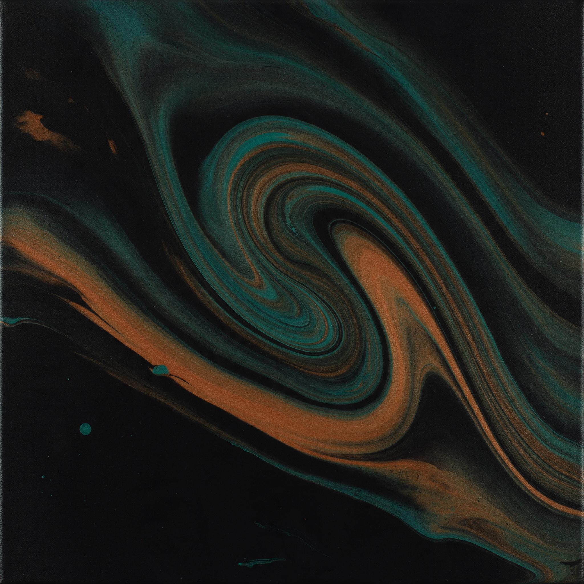 A minimalist fluid art piece with swirling teal and burnt orange pigments on a black canvas, soft studio lighting casting subtle reflections, gentle curves creating a sense of movement and depth, matte texture, clean composition with negative space.