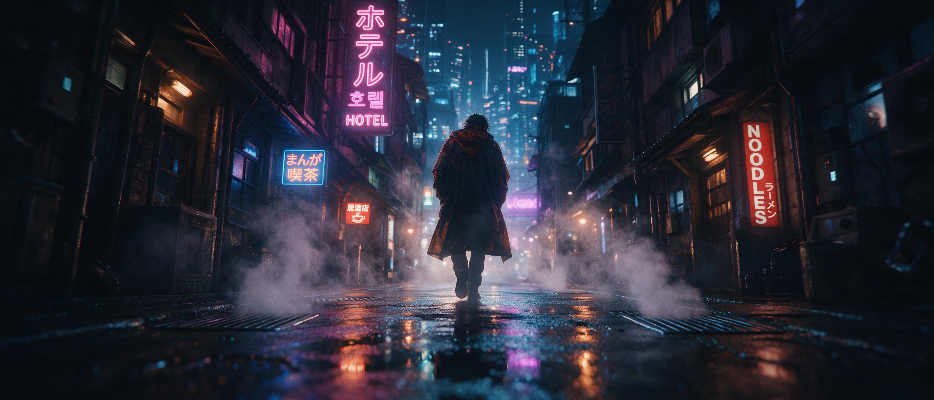 A neon-lit cyberpunk alleyway at night, rain-slicked asphalt reflecting pink and cyan signs, a lone figure in a worn raincoat walking through steam rising from vents, cinematic wide shot, shallow depth of field, cool blue shadows with warm orange rim light, subtle film grain