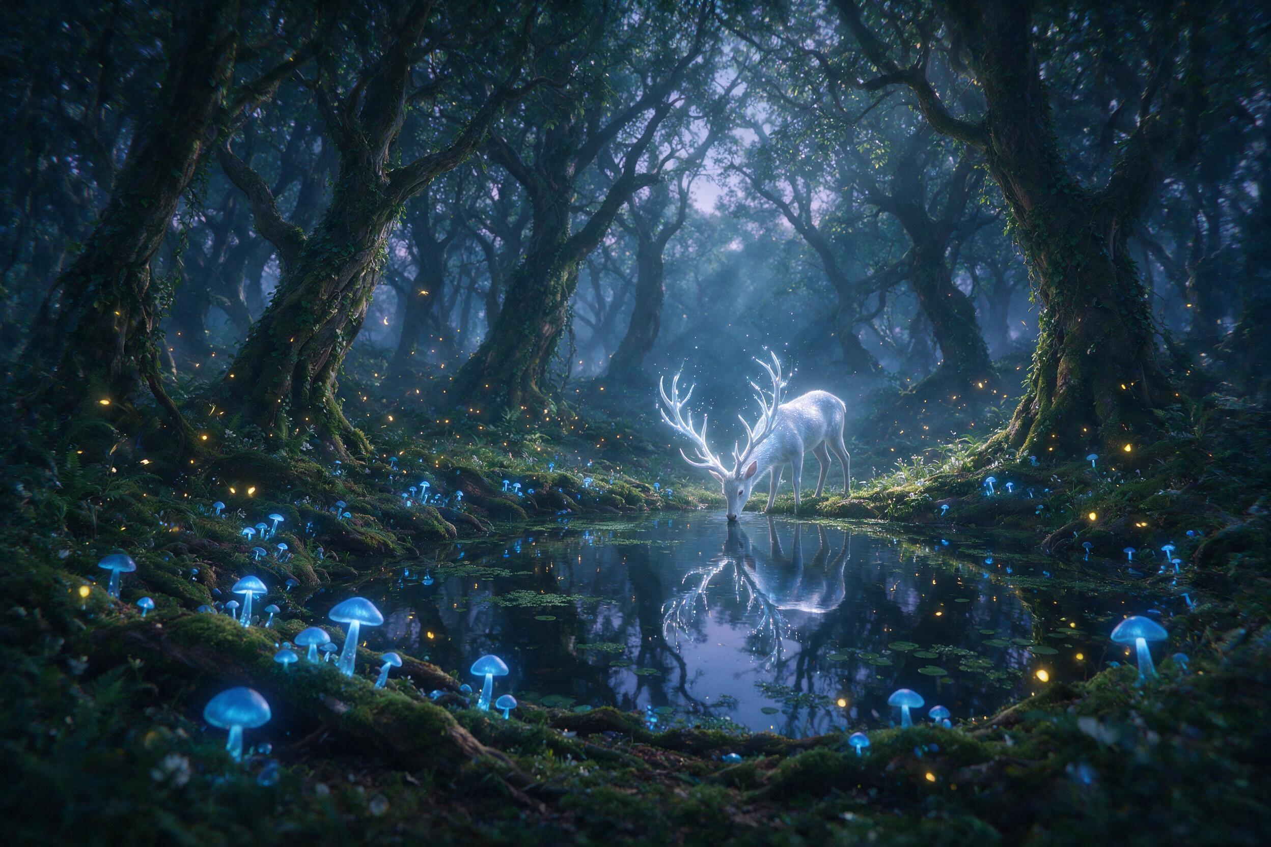 A misty forest glade at twilight, glowing blue mushrooms scattered on moss-covered roots, a silver deer with luminous antlers drinks from a still pond, fireflies in the air, soft cool moonlight filtering through ancient trees, subtle fog, slight camera shake, natural colors