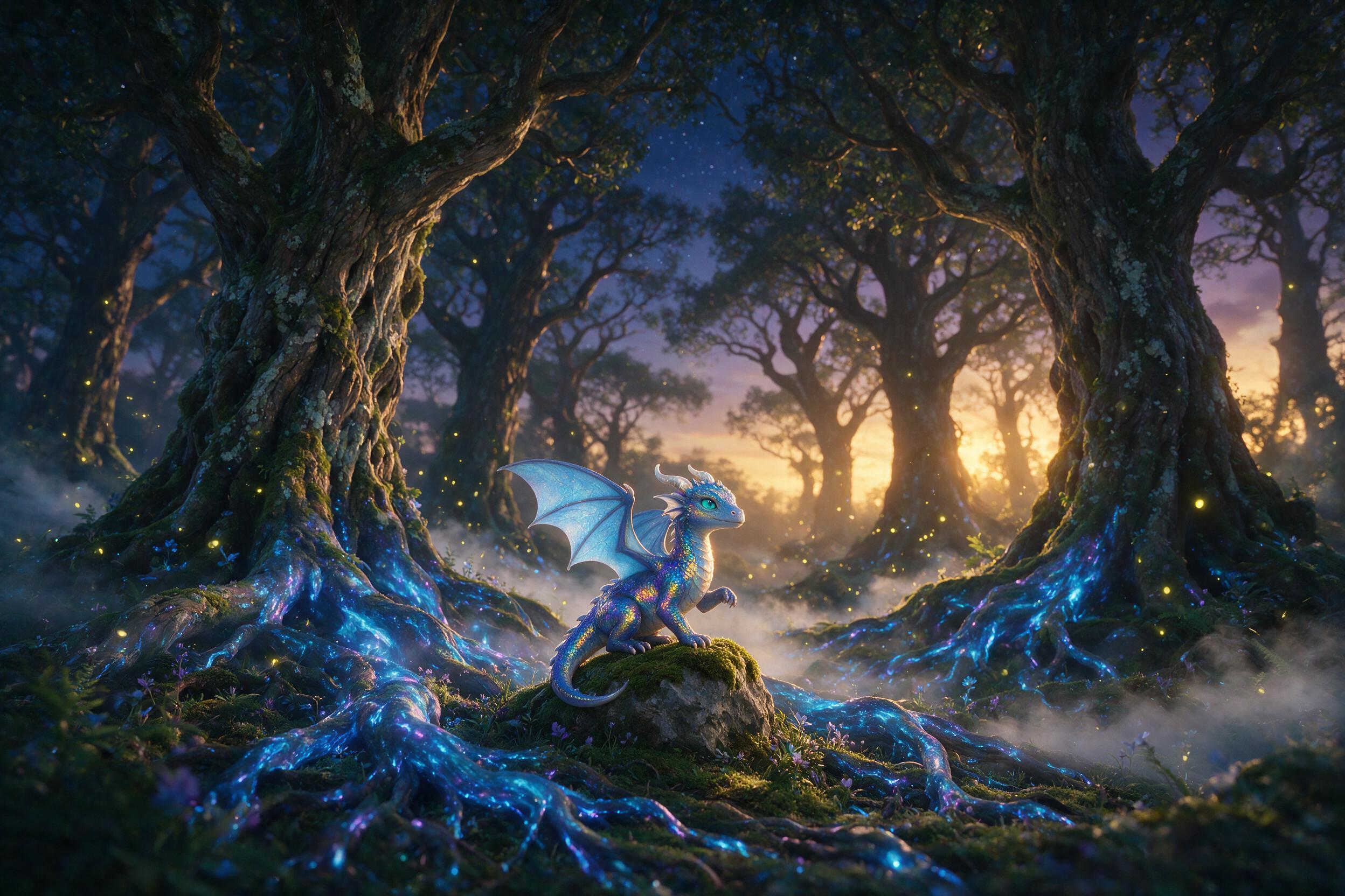 A luminous forest at twilight, ancient trees with glowing blue roots, a small dragon with iridescent scales perched on a mossy stone, soft mist rising from the ground, fireflies scattered in the air, warm golden light from the west, cinematic composition with shallow depth of field, slight camera sh