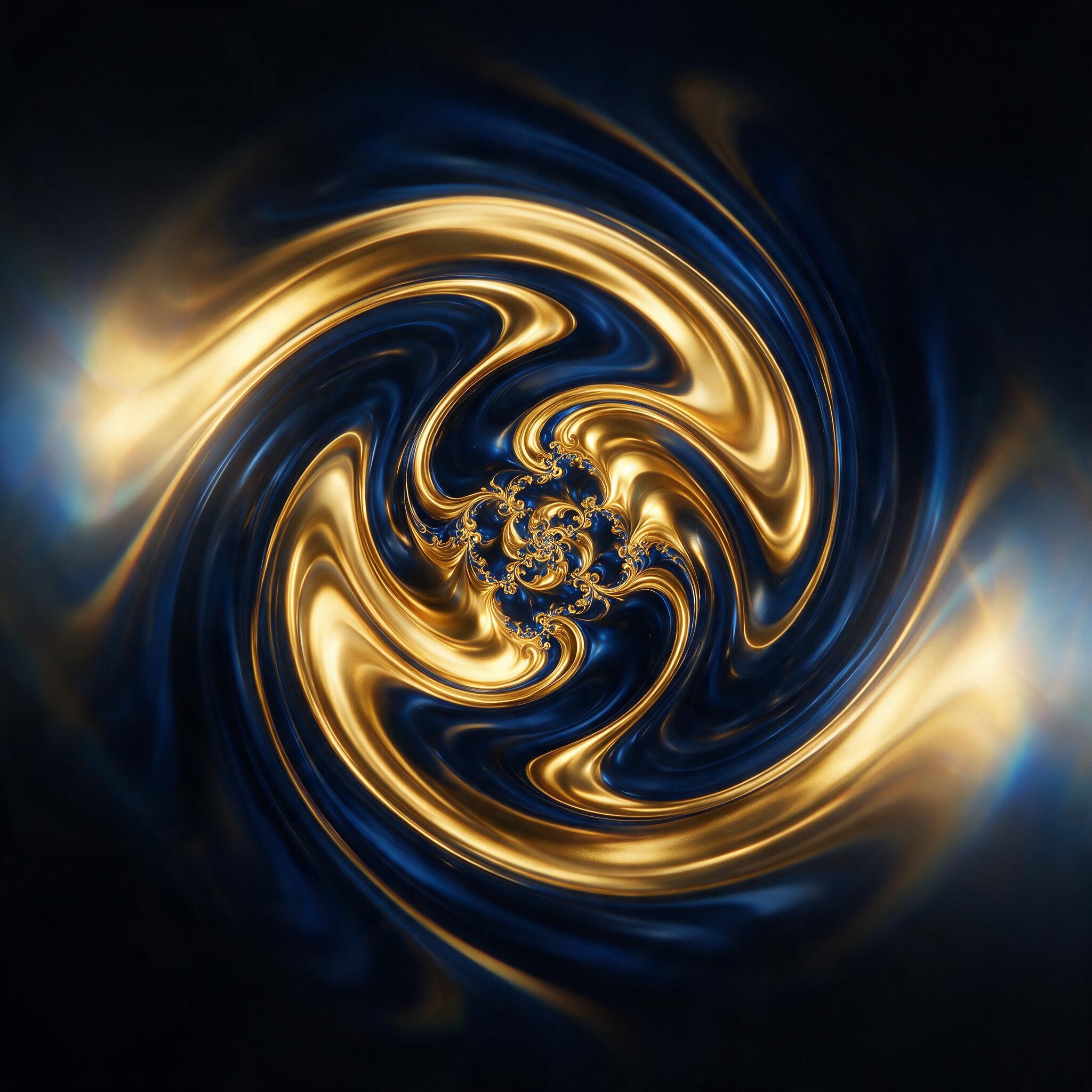 A swirling vortex of liquid gold and deep indigo, with delicate fractal patterns emerging from the center, soft gradient lighting, smooth transitions, minimal composition, dark background, slight lens flare on the edges