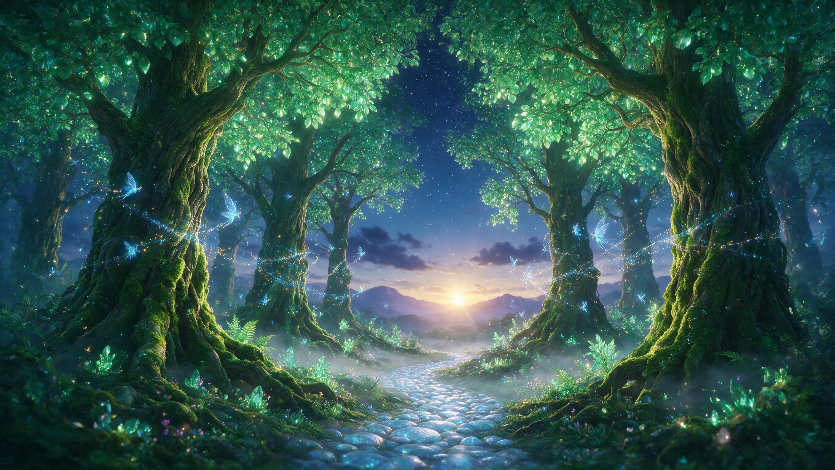 A glowing crystal forest at twilight, ancient trees with translucent emerald leaves, small blue faeries weaving light trails between trunks, a winding path of moonlit stones, soft mist hugging the ground, distant purple mountains under a starry sky, gentle lens flare from the horizon, balanced compo